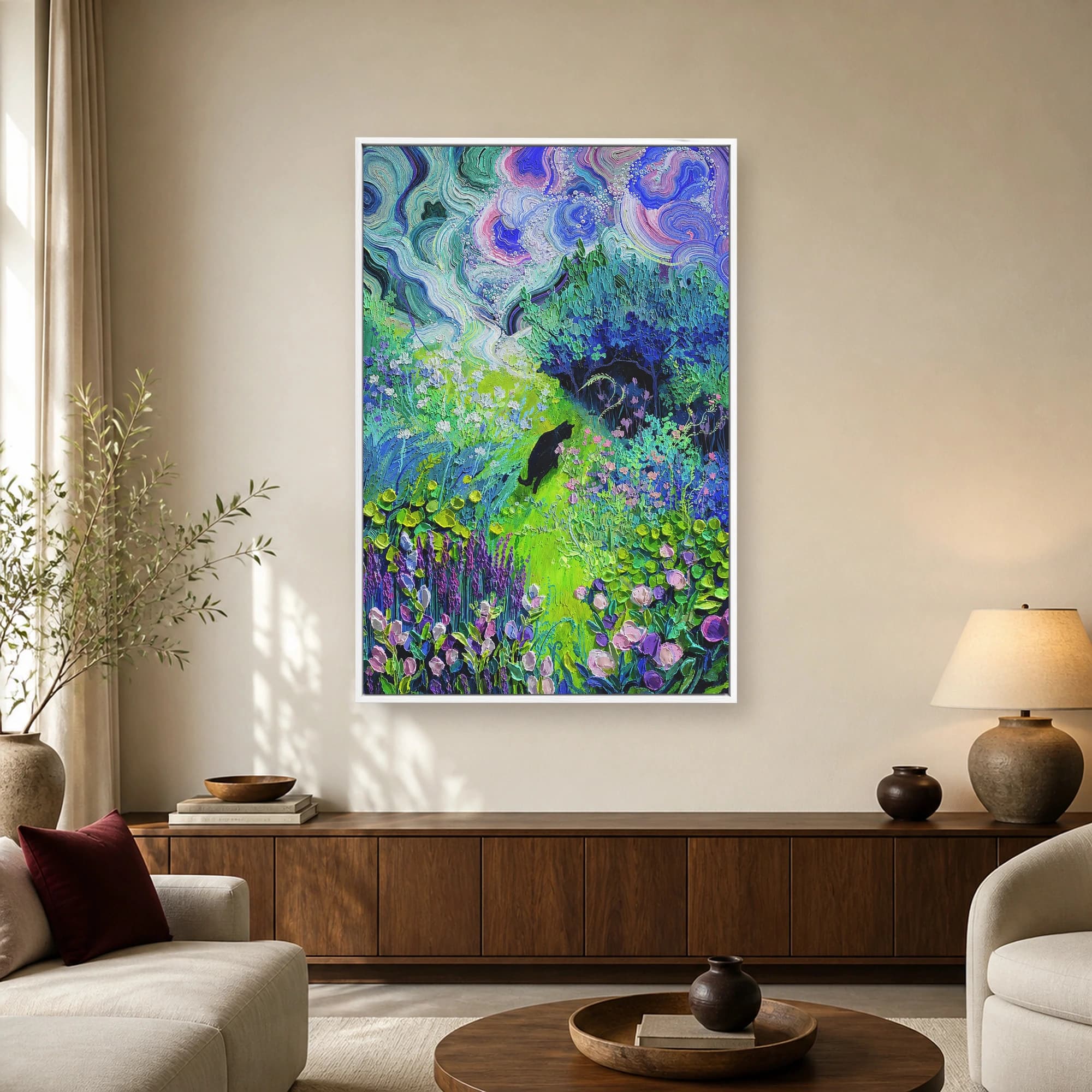 Black Cat in Impasto Garden Night Sky Canvas Print, view 2