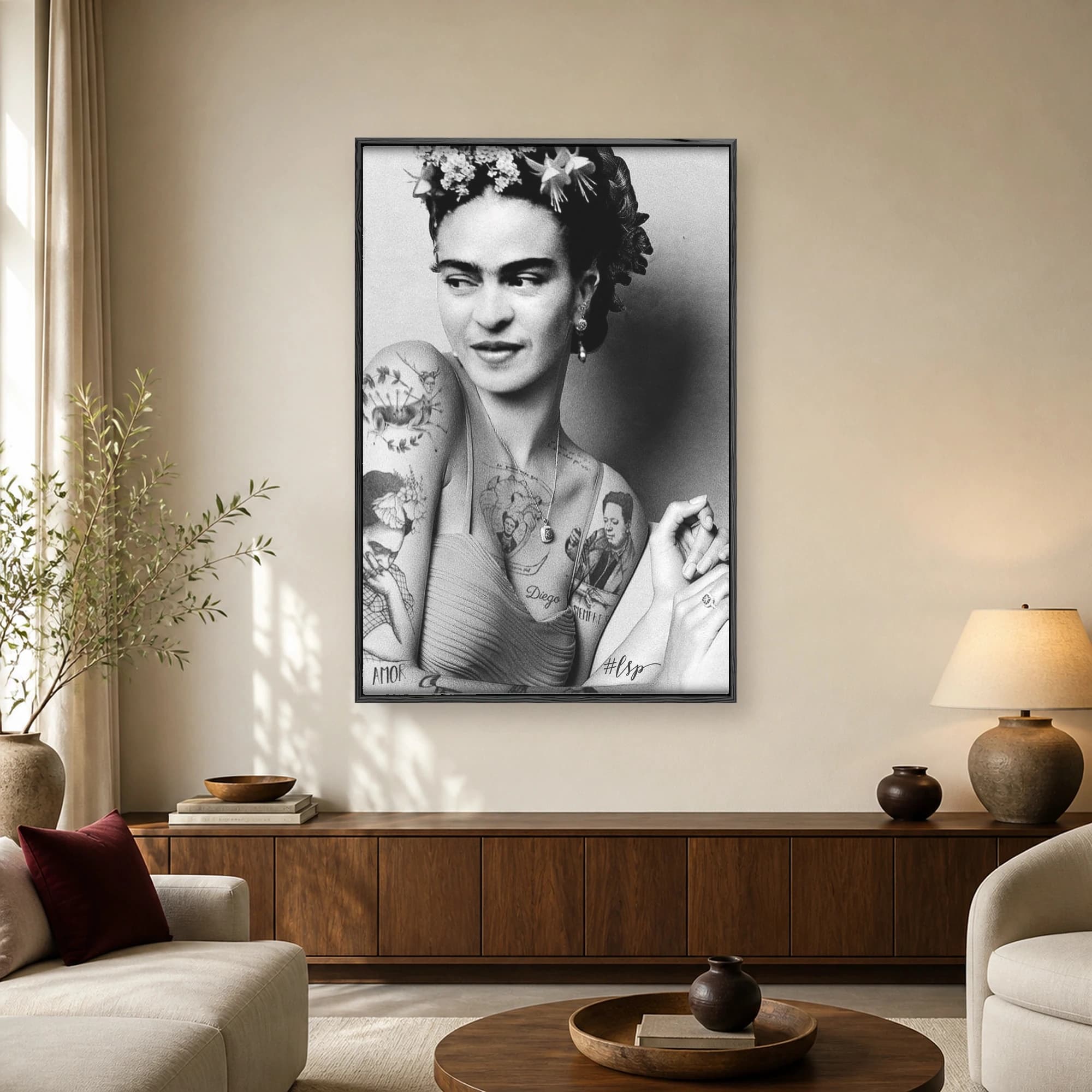 Black and white portrait of Frida Kahlo wearing a floral crown and adorned with tattoos depicting her famous paintings and Diego Rivera