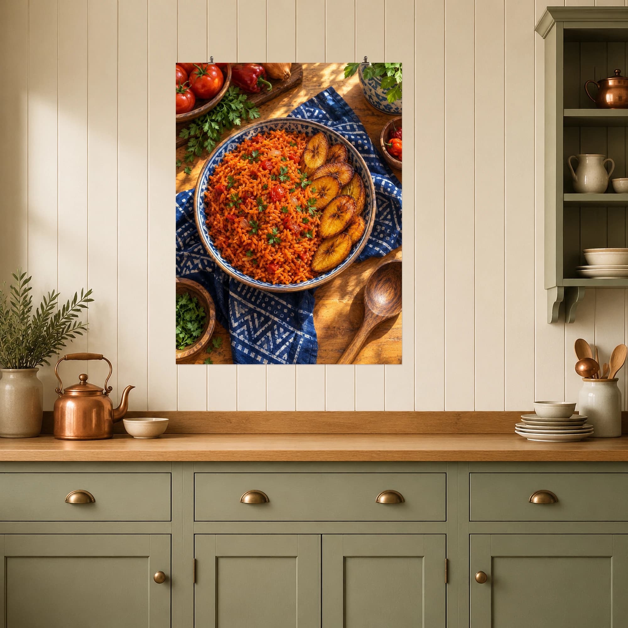 Red jollof rice and golden plantains create a colorful tabletop still life.