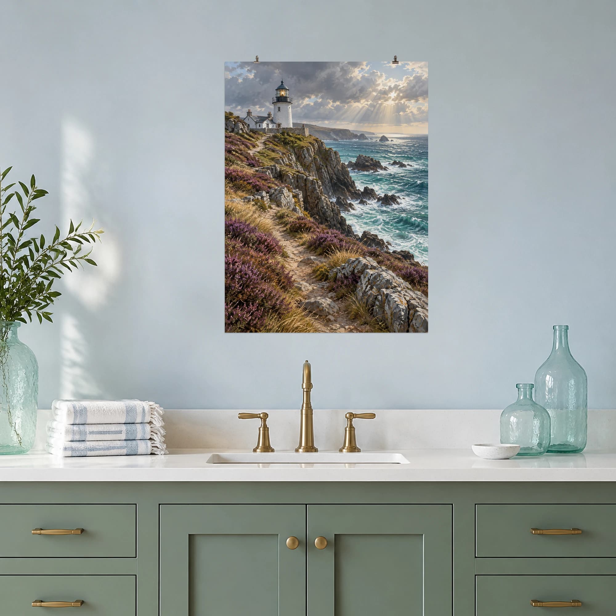 A white lighthouse watches over turquoise waves beyond a coastal path lined with purple heather.