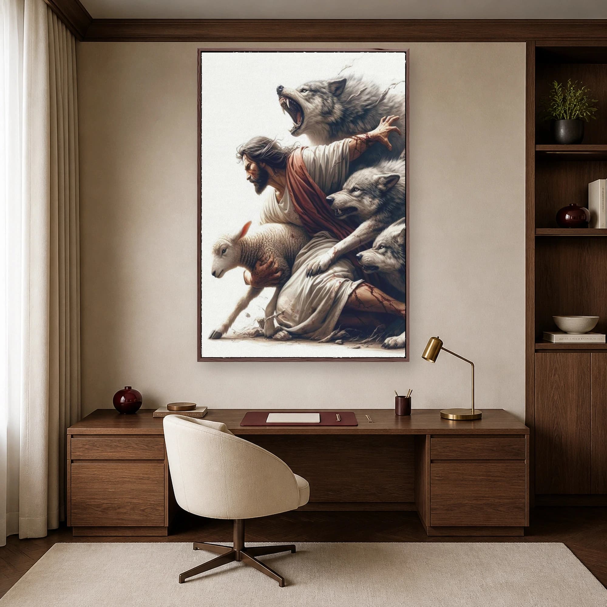 Shepherd Protecting Lamb from Wolves Canvas Print, view 3