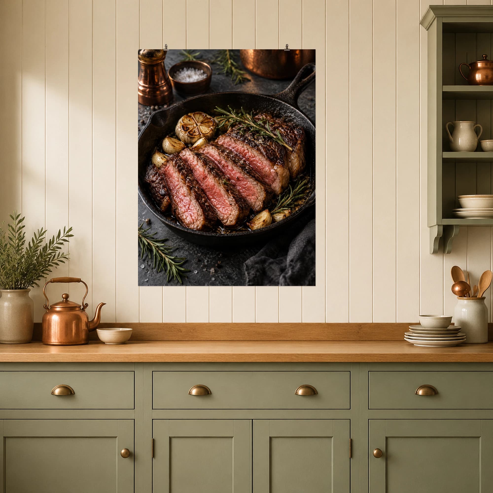 Seared beef, roasted garlic and rosemary fill a richly textured iron skillet.