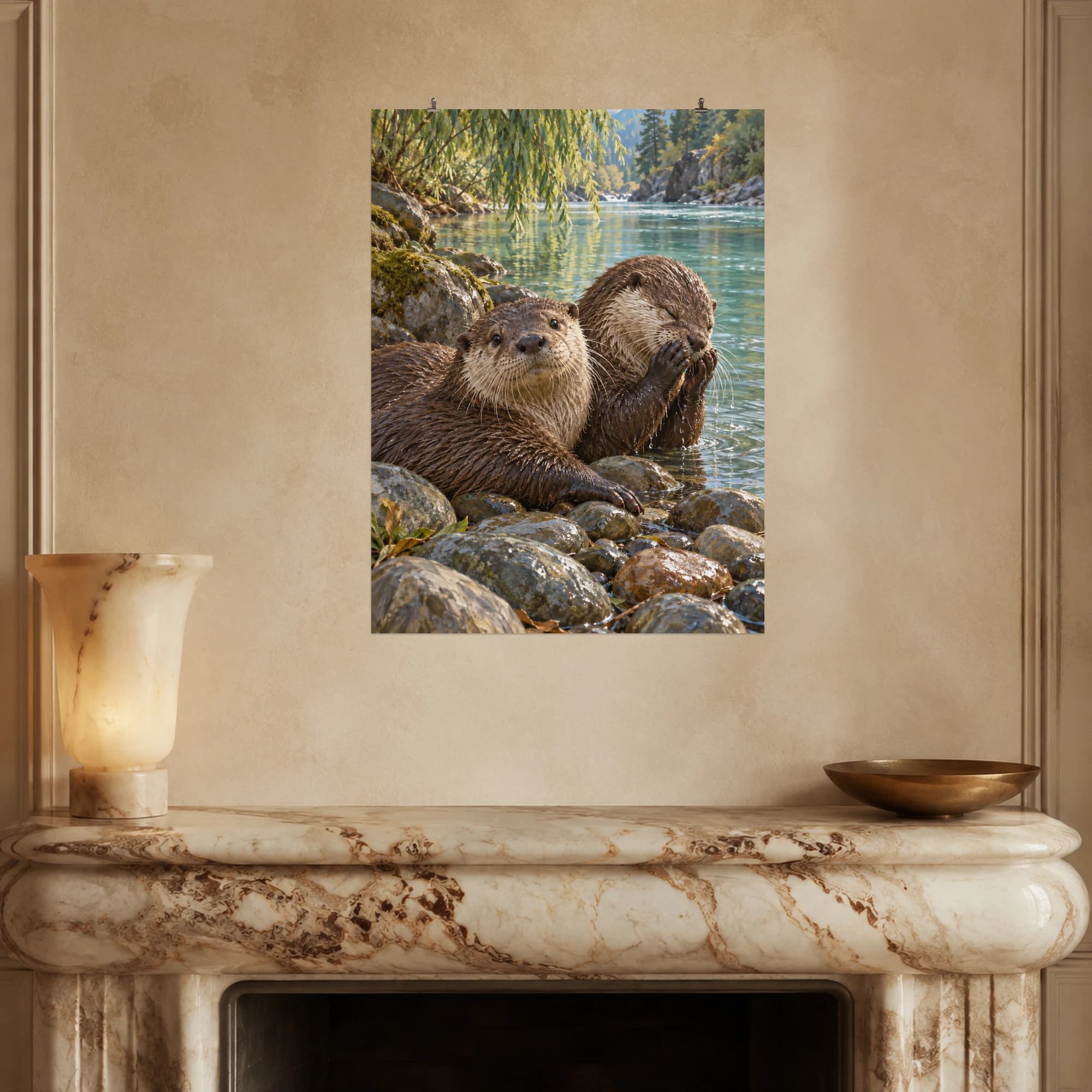 Two otters rest among wet river stones beneath willow branches and turquoise reflections.