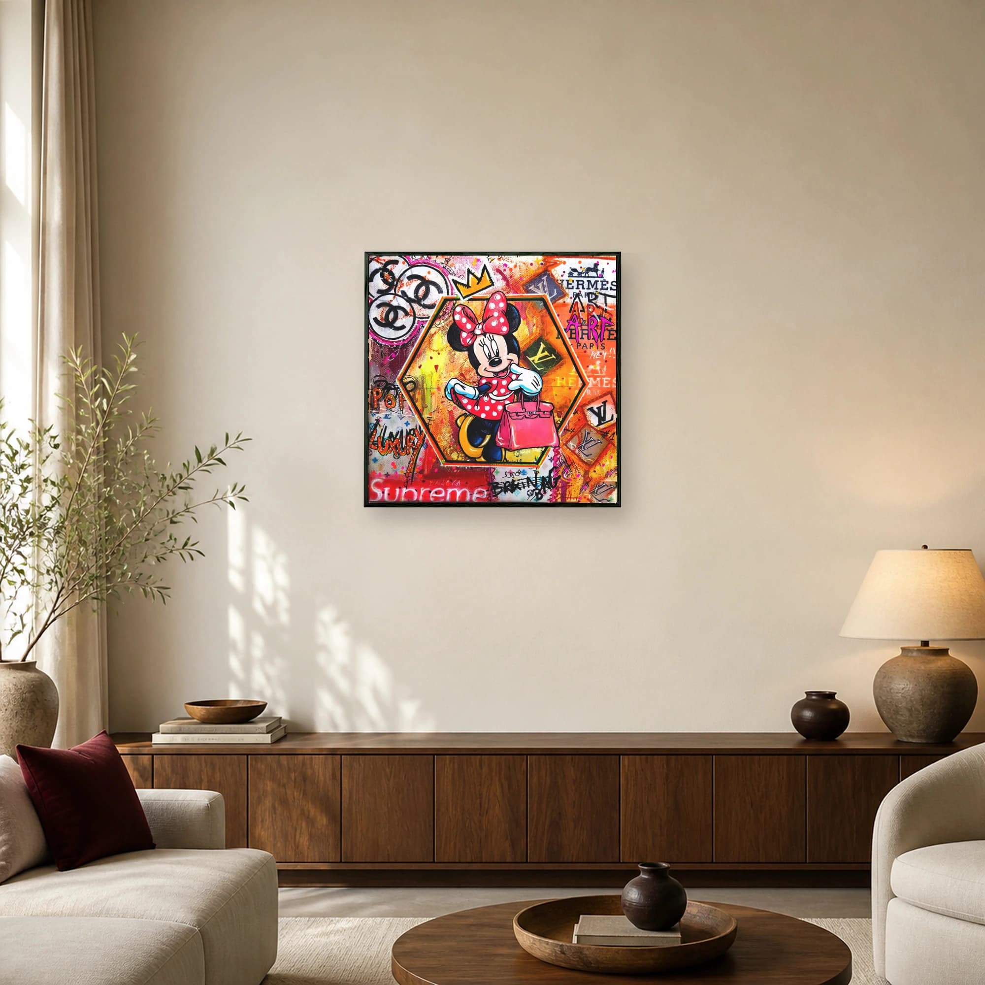 Pop art painting of Minnie Mouse holding a pink designer bag against a background of graffiti and luxury fashion logos.