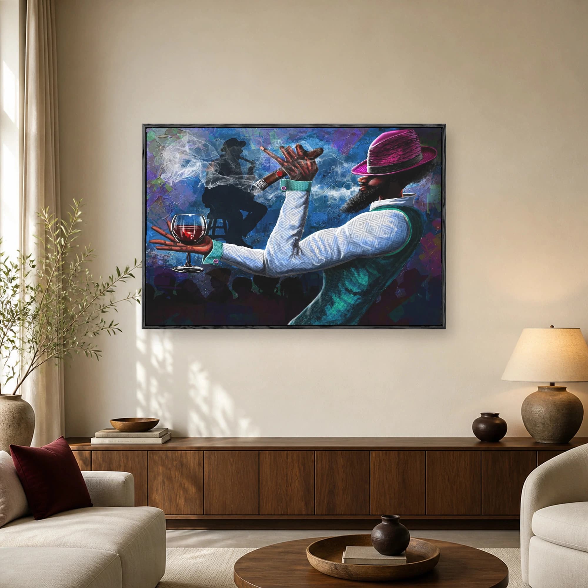 Digital art of a man in a pink fedora holding a wine glass and cigar against a blue abstract background with a saxophone silhouette.