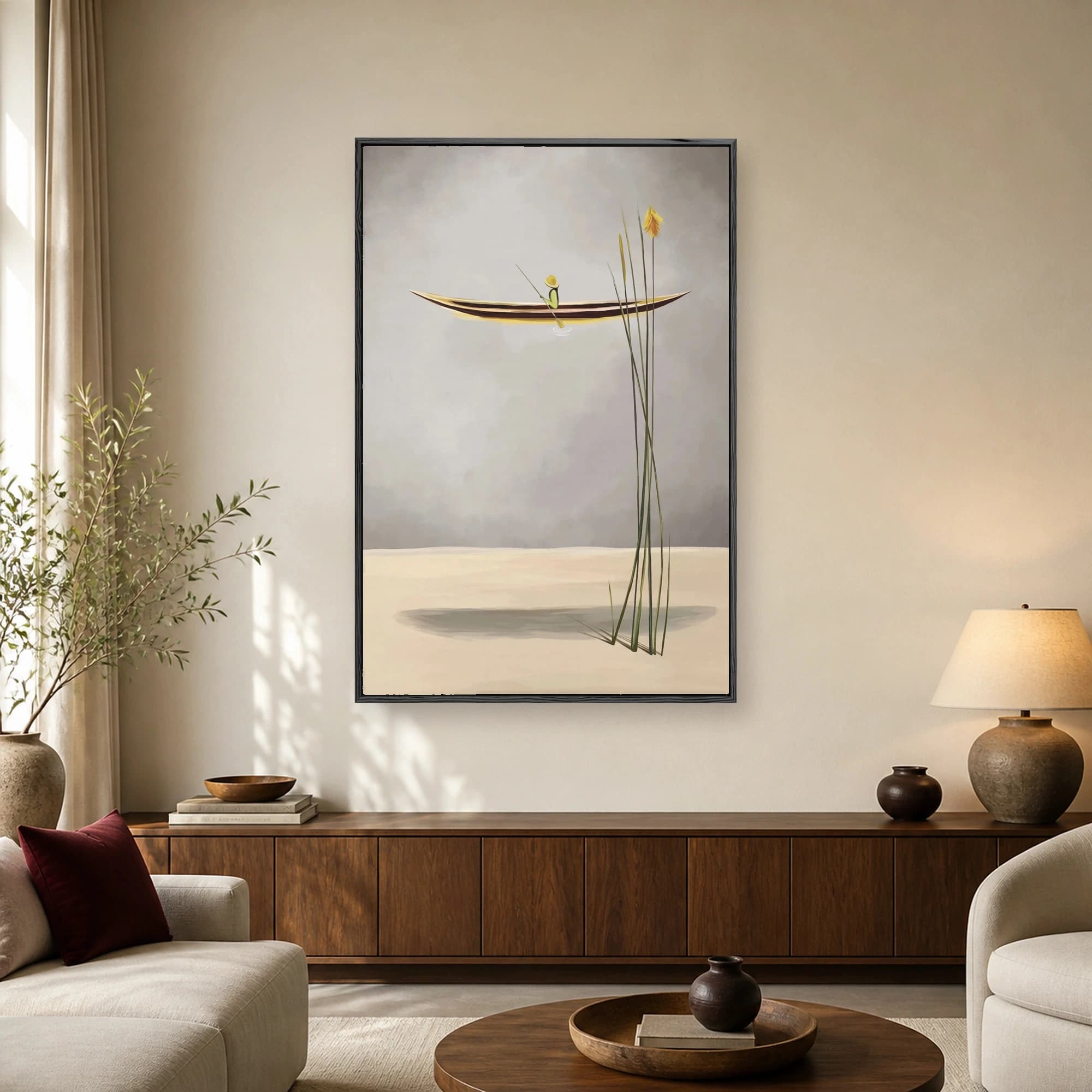 A surrealist minimalist painting of a boat suspended in a grey sky with a lone figure fishing above tall green reeds.