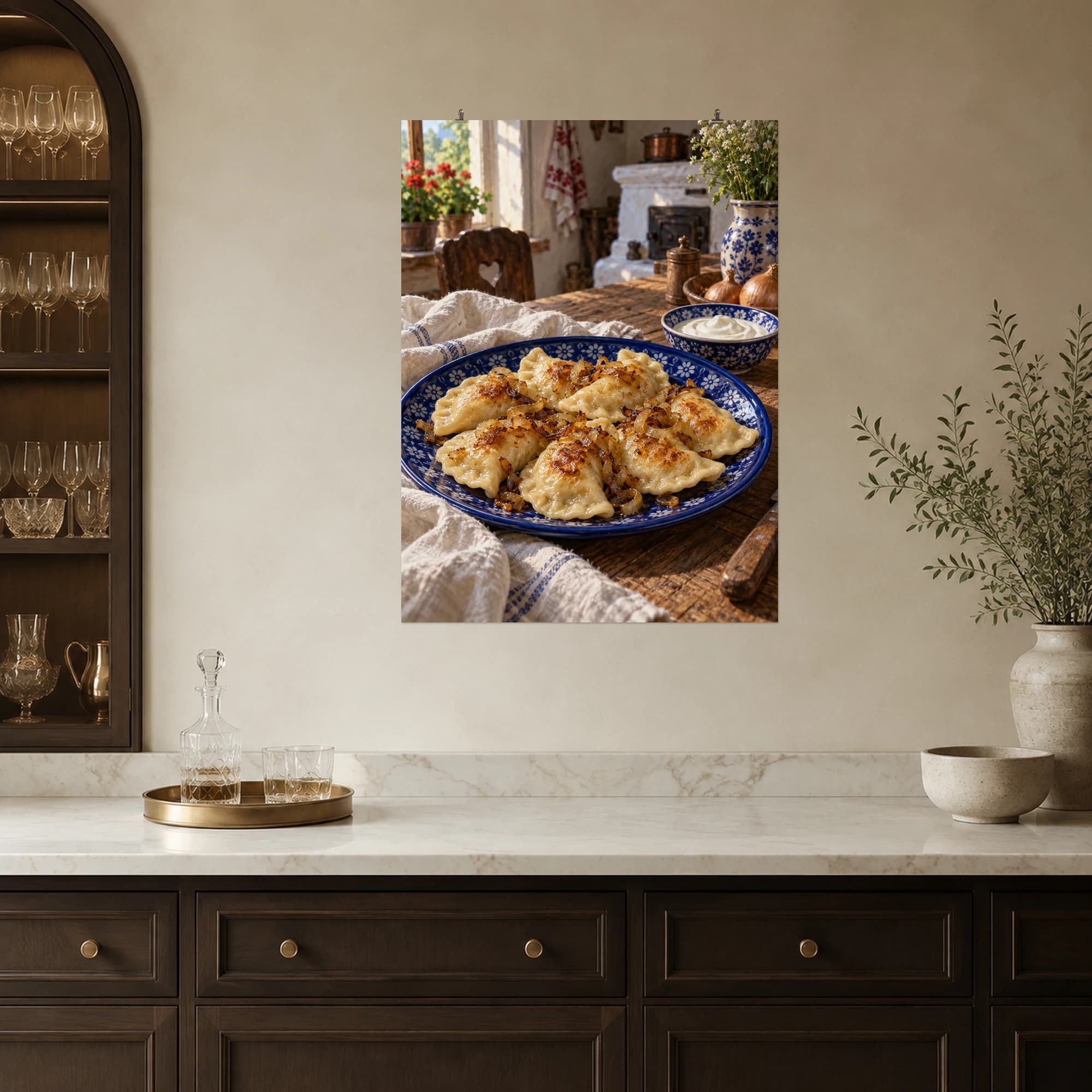 Golden pierogi with caramelized onions bring a welcoming farmhouse kitchen to life.