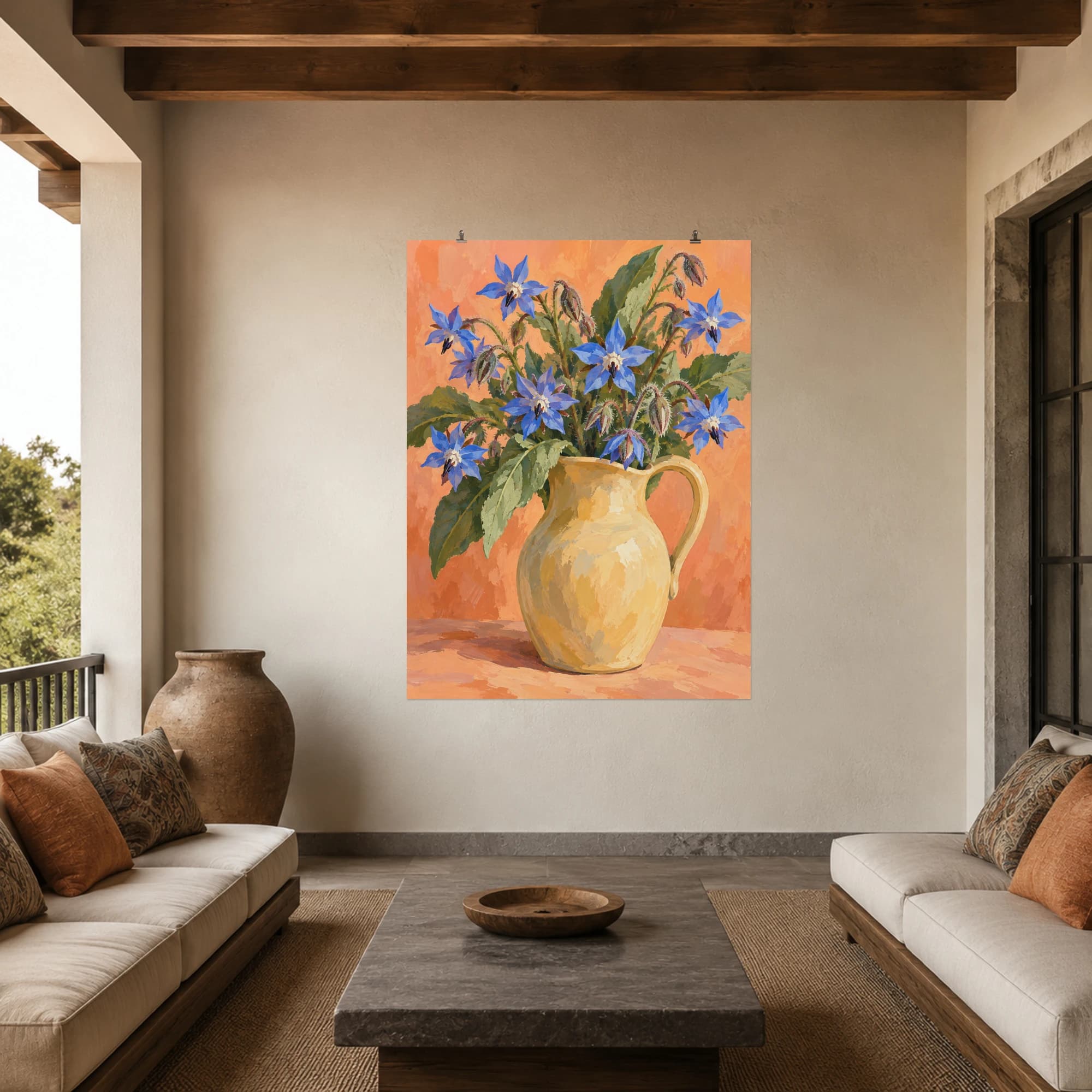 This gouache-style composition features blue star shaped borage blossoms in a pale ochre pitcher with soft green leaves and apricot backdrop. Expressive brushwork and carefully balanced color bring a distinctive focal point to your wall.