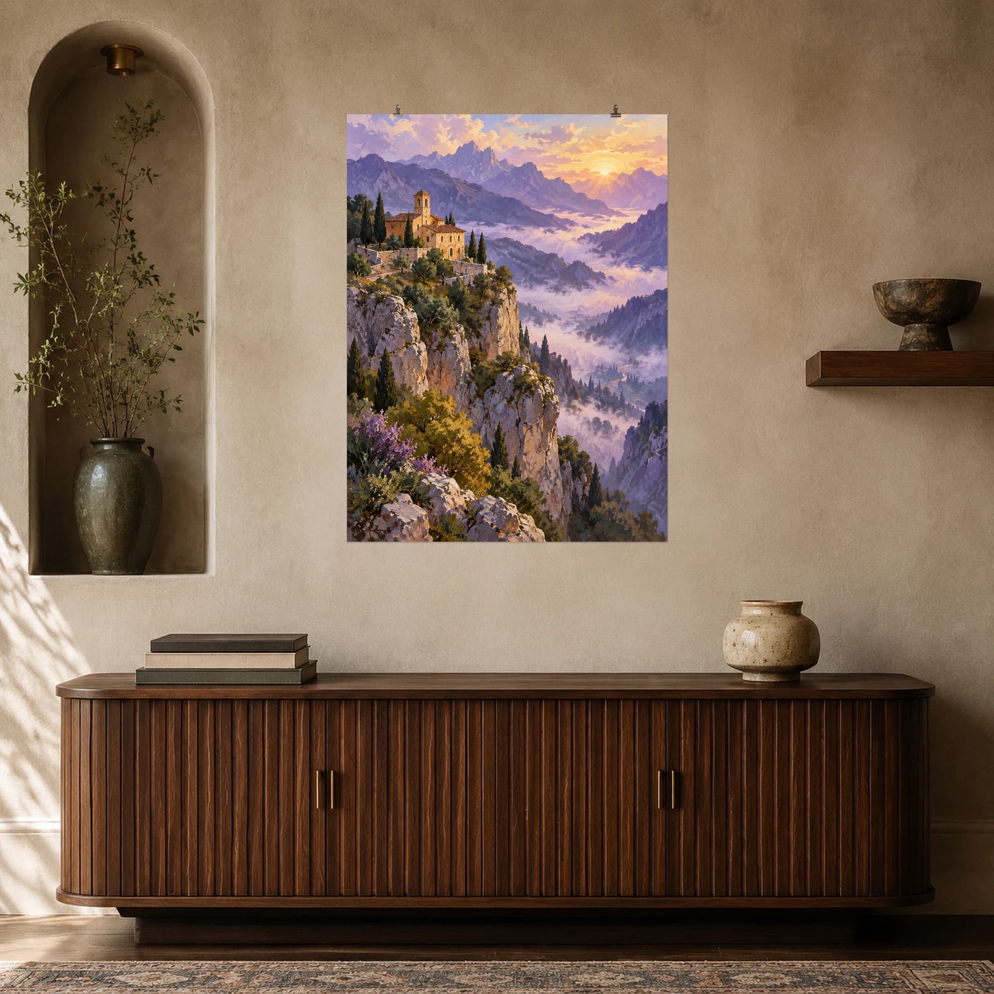 This gouache-style composition features a small ochre monastery perched on a rocky mountain ledge with violet valleys and luminous mist. Expressive brushwork and carefully balanced color bring a distinctive focal point to your wall.
