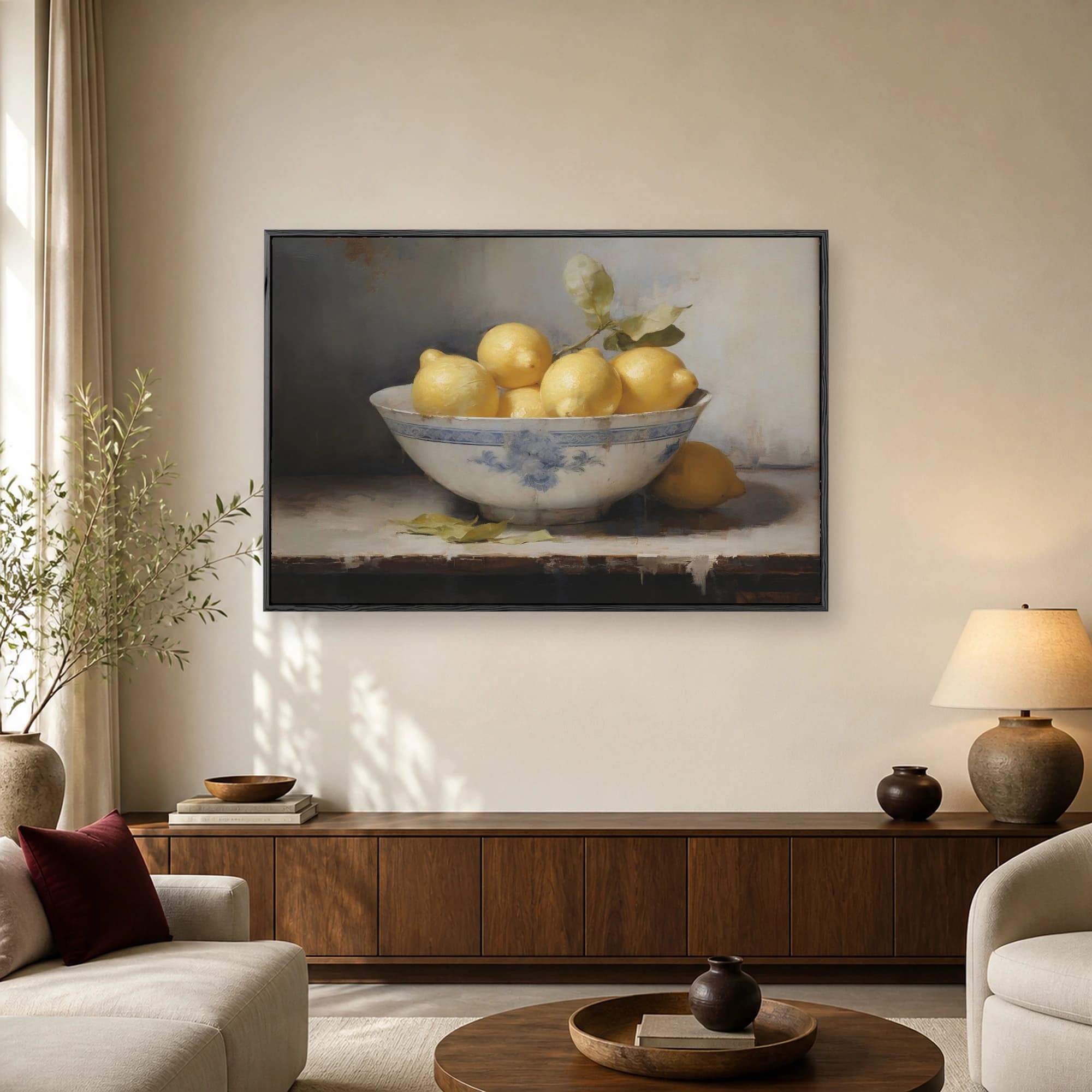 Fine art print of ripe yellow lemons in an antique blue and white bowl on a distressed wooden table.