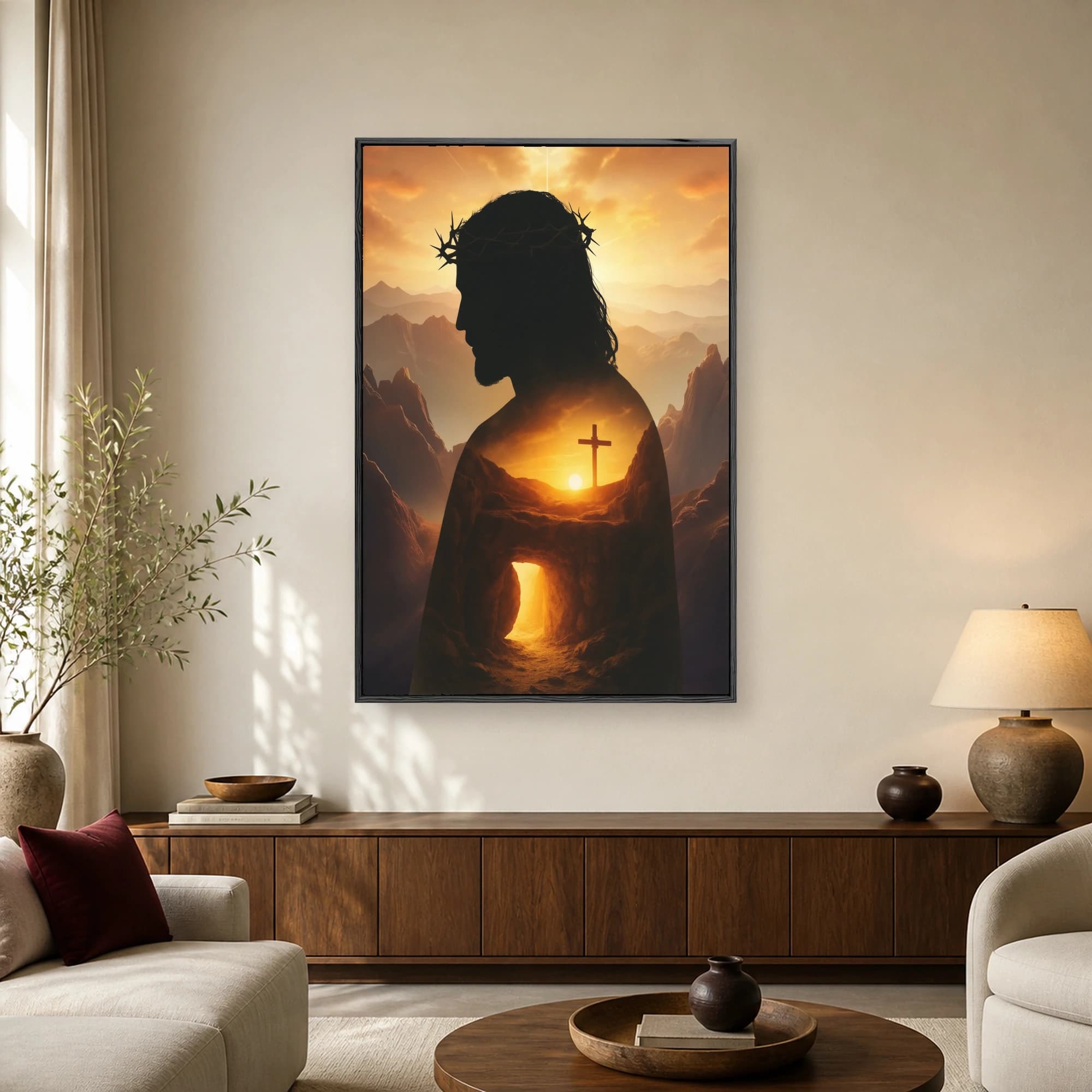 Profile silhouette of Jesus Christ wearing a crown of thorns, double exposed with a sunrise landscape featuring a cross and empty tomb.