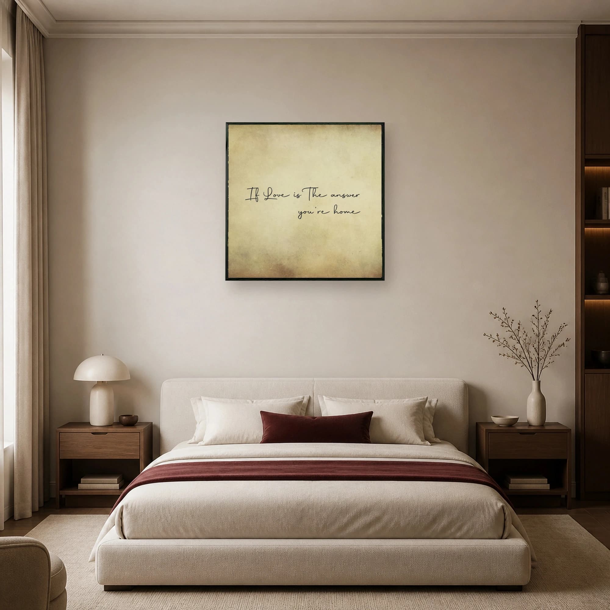 A warm vintage parchment background featuring elegant black cursive typography that reads If Love is the Answer, You're Home.