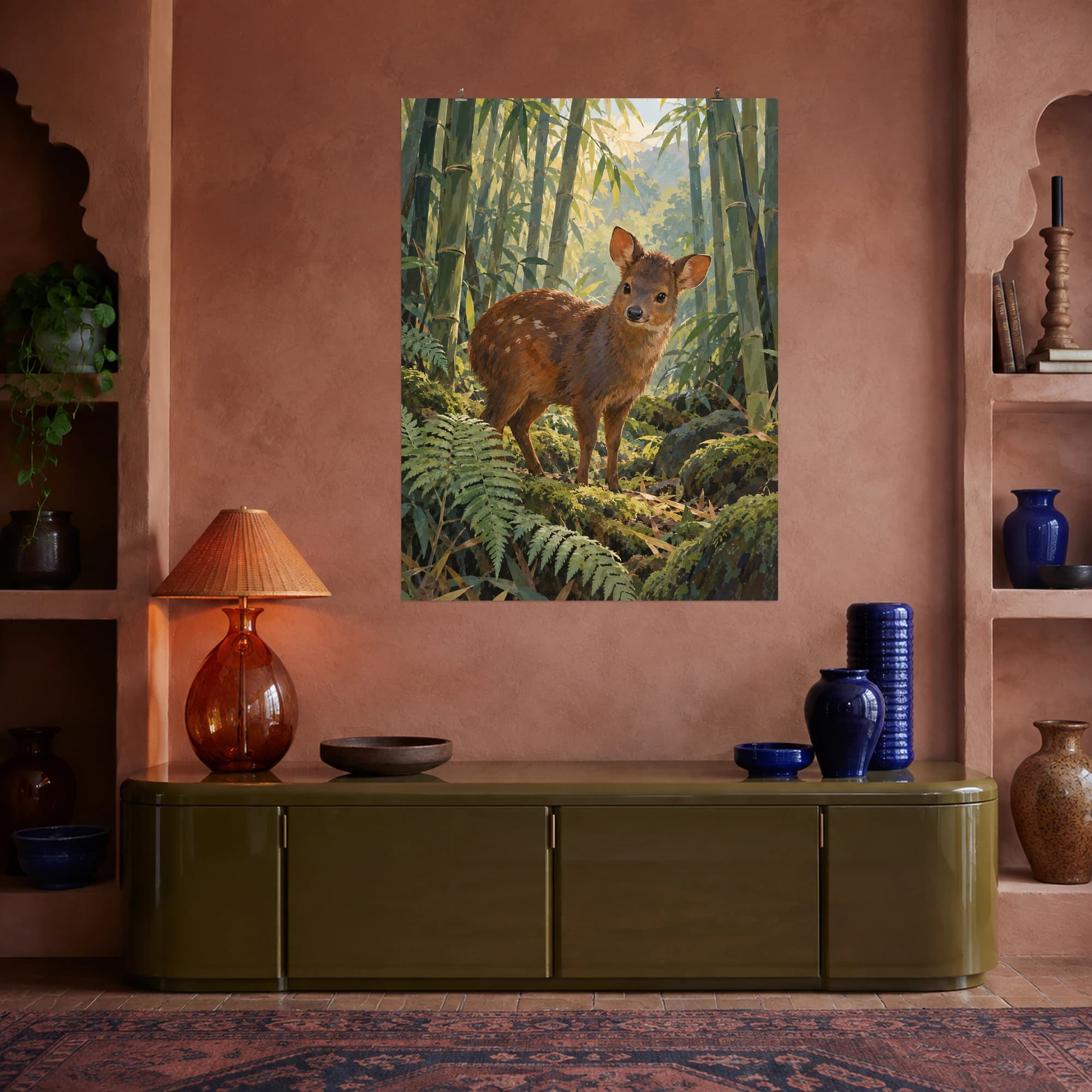 This gouache-style composition features a small chestnut pudu deer standing in a bamboo forest clearing, fern fronds, mossy earth and gentle morning light. Expressive brushwork and a balanced palette bring warmth and character to your space.