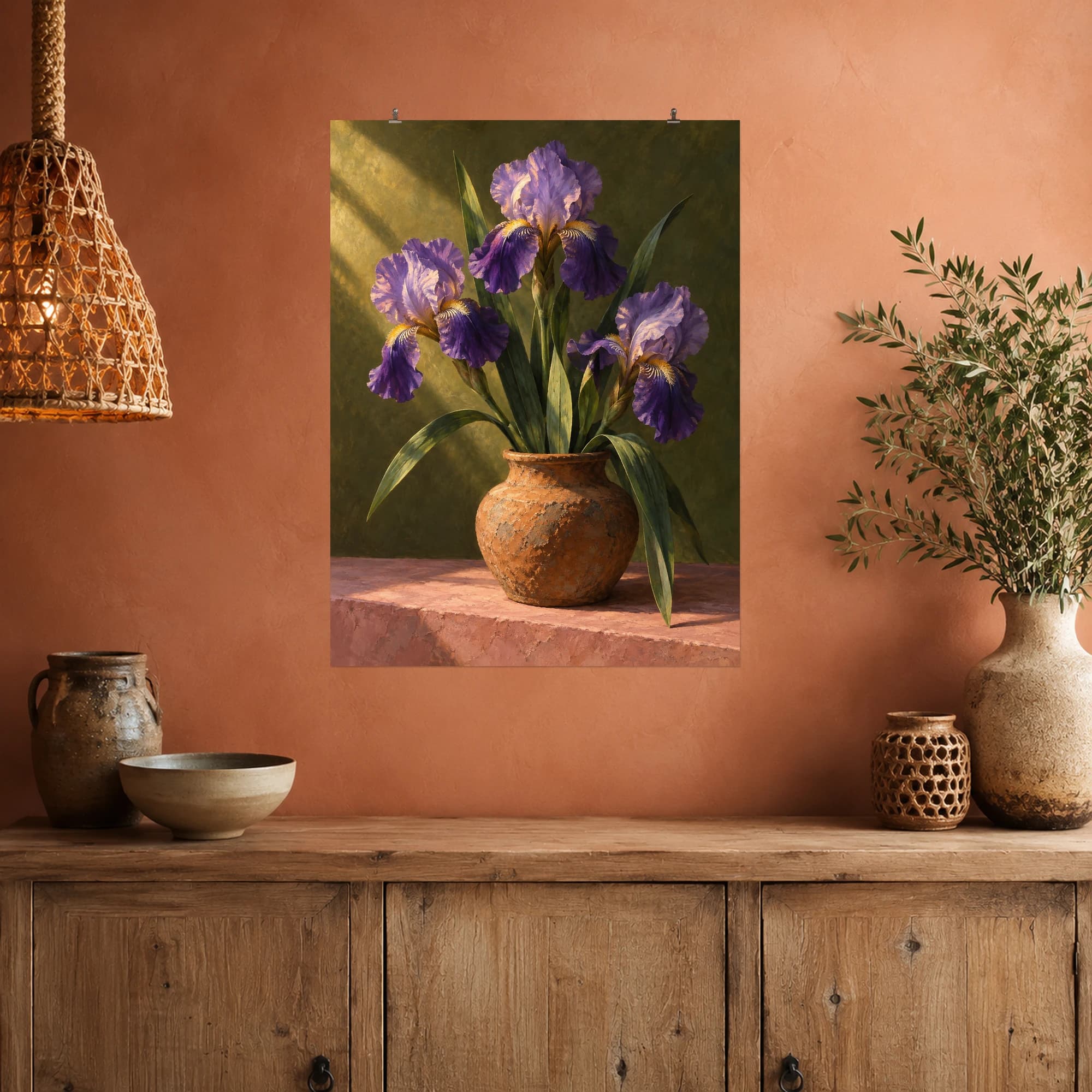 Purple irises rise from a terracotta vase in warm afternoon light.