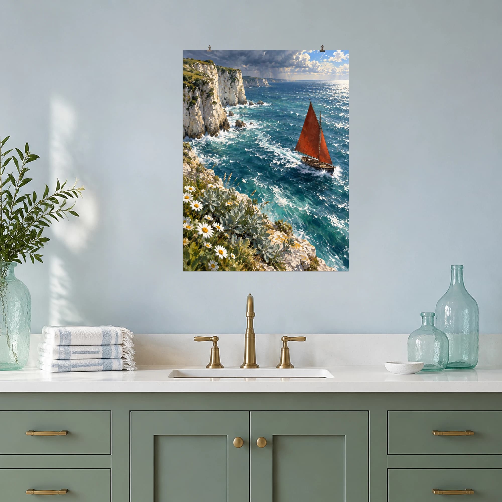 A red-sailed wooden boat crosses turquoise waves beneath white limestone cliffs and changing skies.