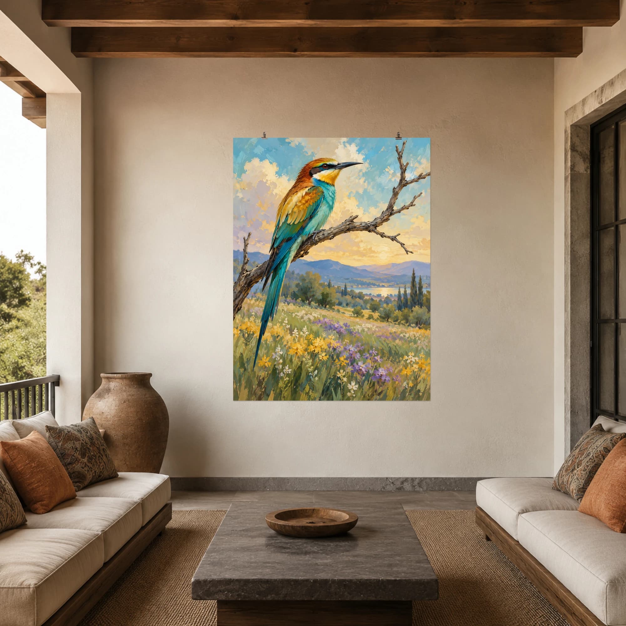 This gouache-style composition features a colorful bee eater on a bare branch above a softly painted meadow with gold and turquoise feathers. Expressive brushwork and carefully balanced color bring a distinctive focal point to your wall.
