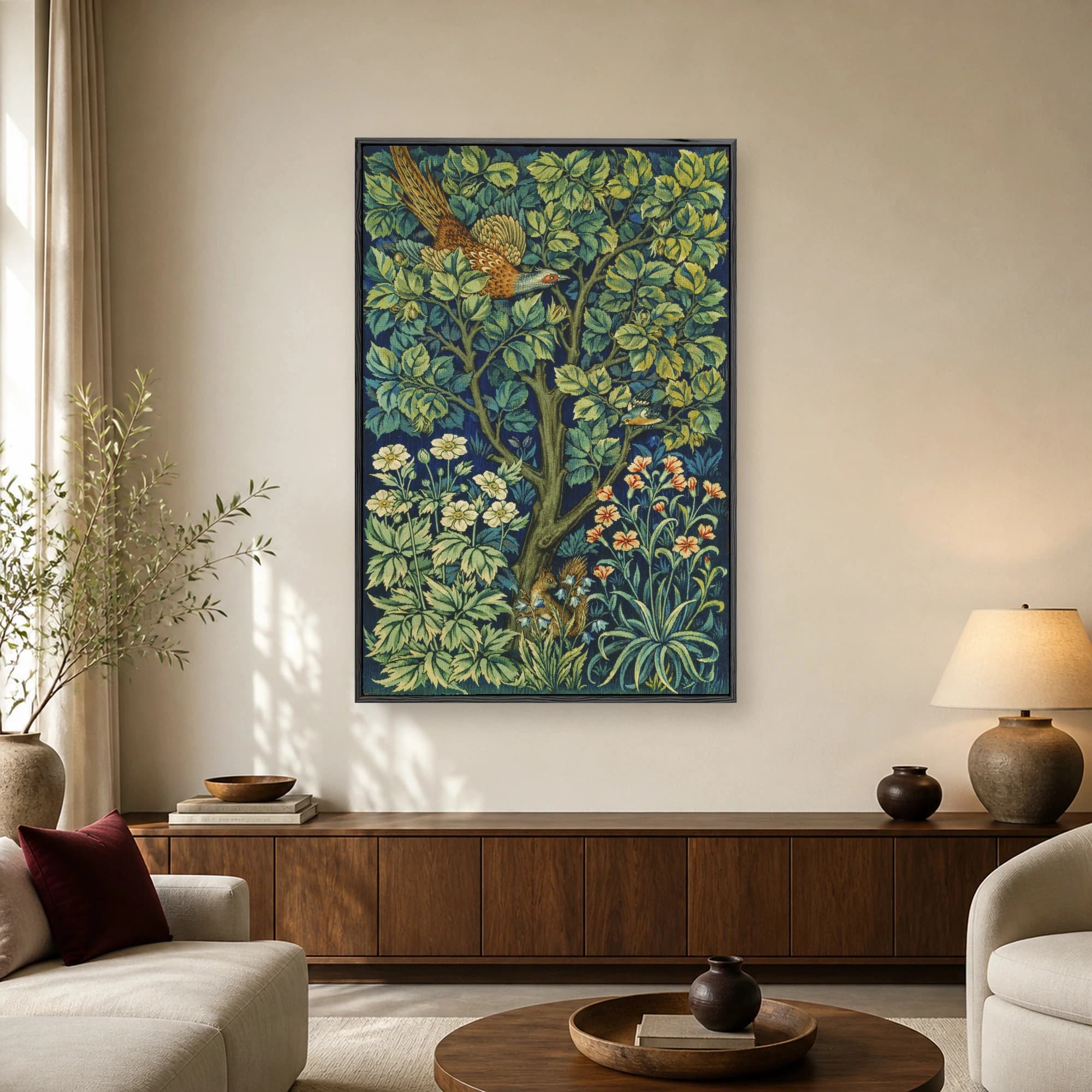 Historic Arts and Crafts tapestry featuring a woodpecker in a tree, white and orange flowers, and a squirrel on a deep blue background.
