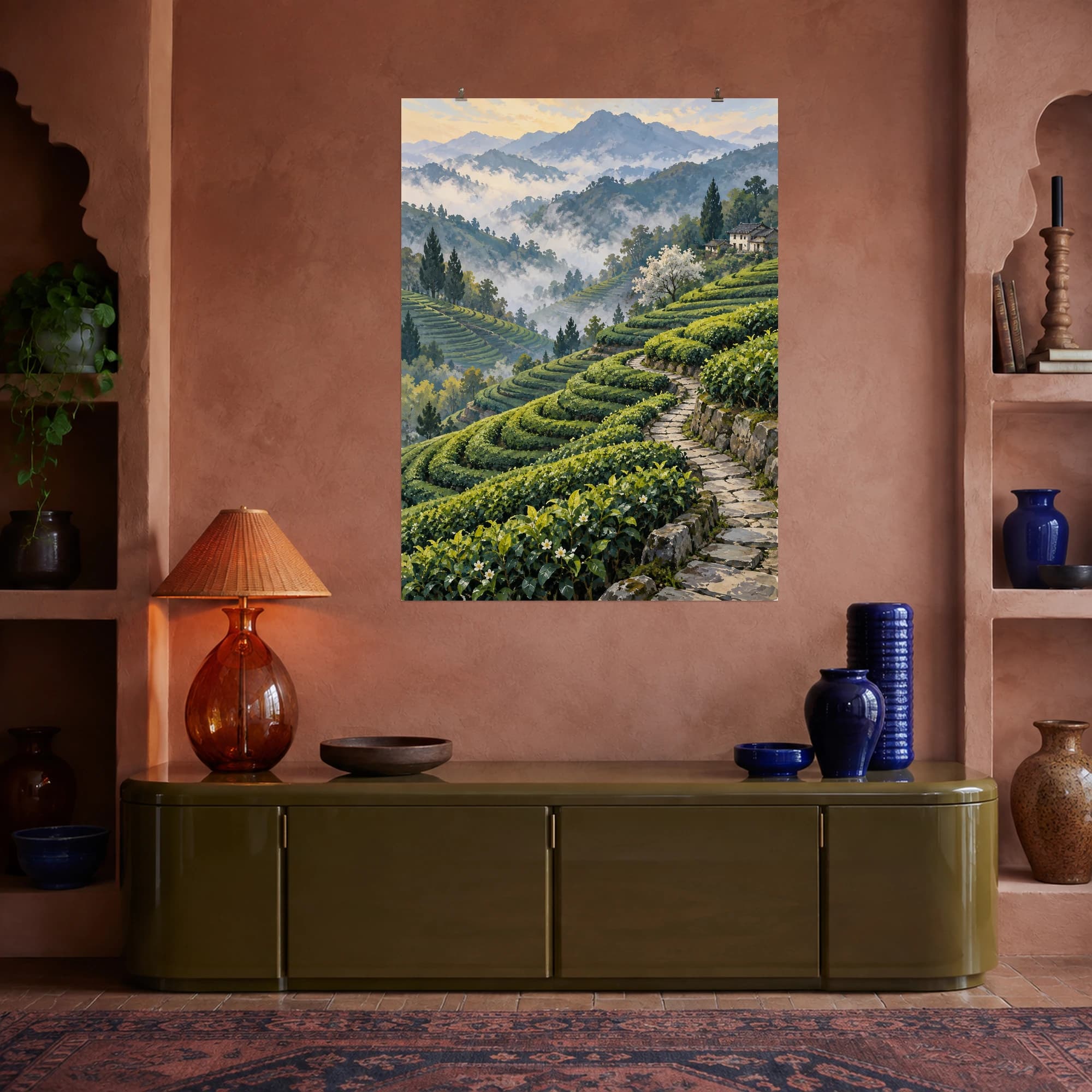 This gouache-style composition features terraced tea fields rolling into mist with a narrow winding stone footpath. Expressive brushwork and carefully balanced color bring a distinctive focal point to your wall.