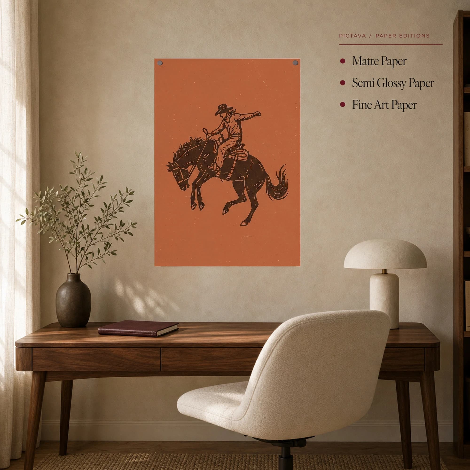 Bucking Bronco Cowboy Linocut Western Wall Art Print, view 7