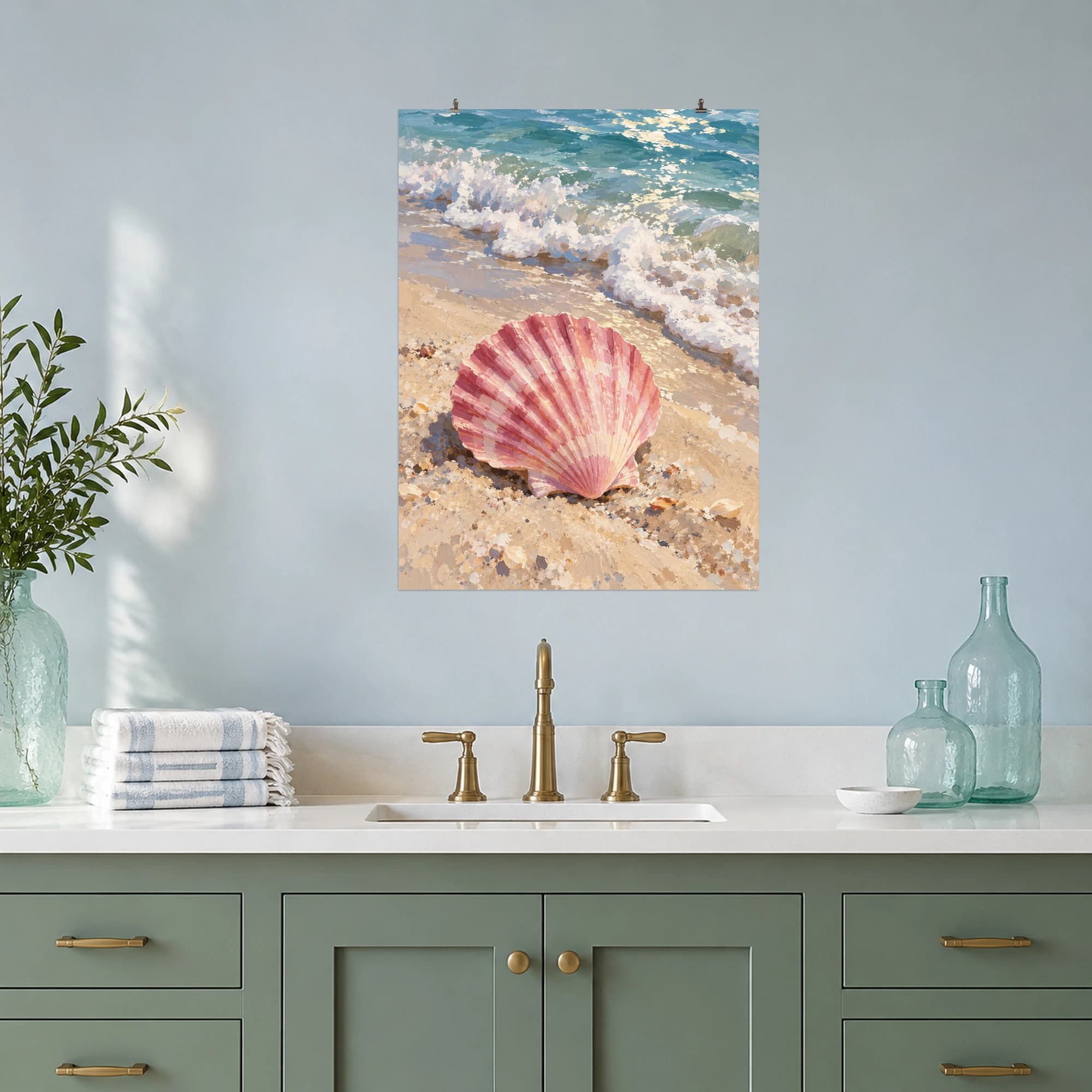 This gouache-style composition features a rose pink scallop shell on pale sand with a small foamy wave behind it. Expressive brushwork and carefully balanced color bring a distinctive focal point to your wall.
