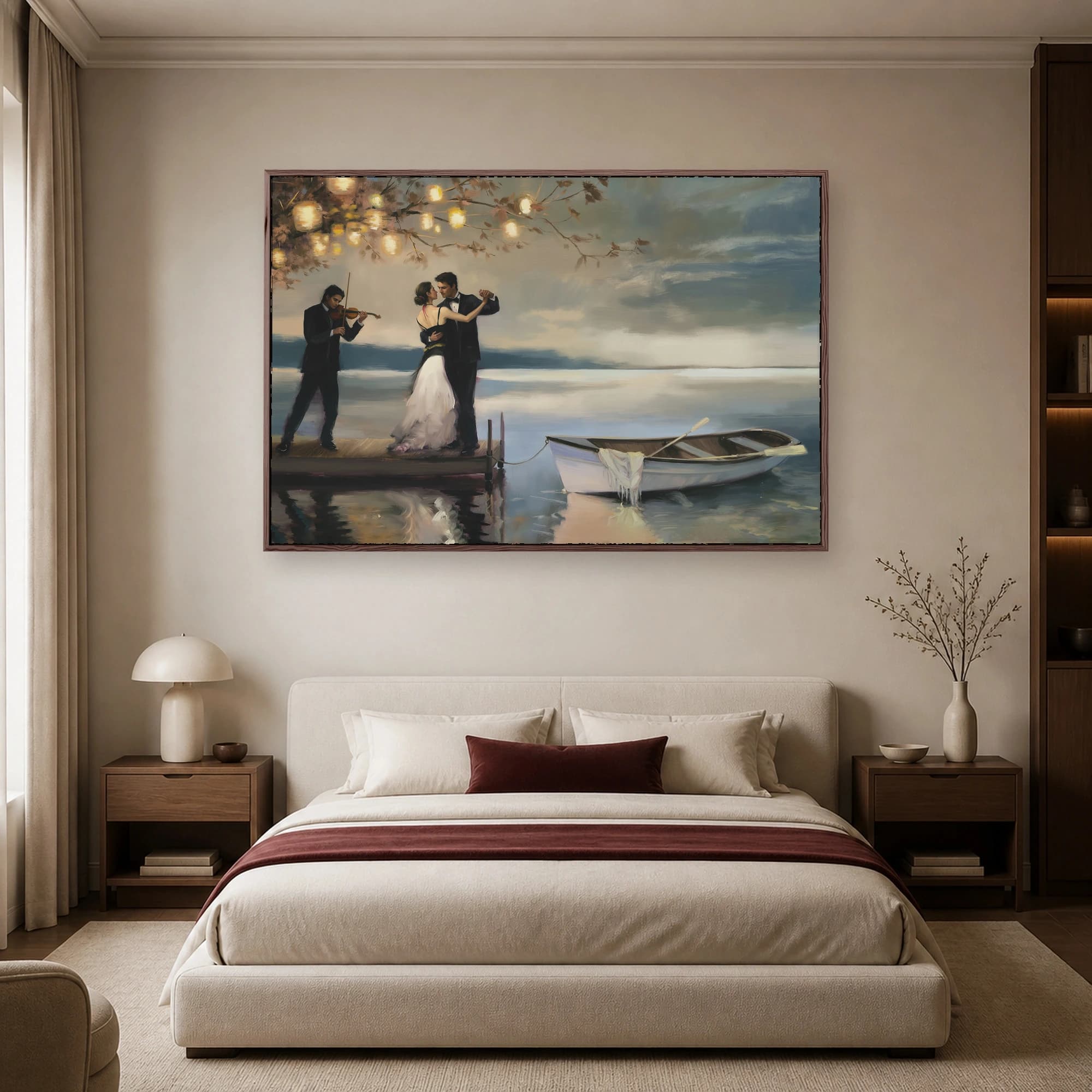 Romantic Lakeside Dance Canvas Print with Violinist and Lanterns, view 6