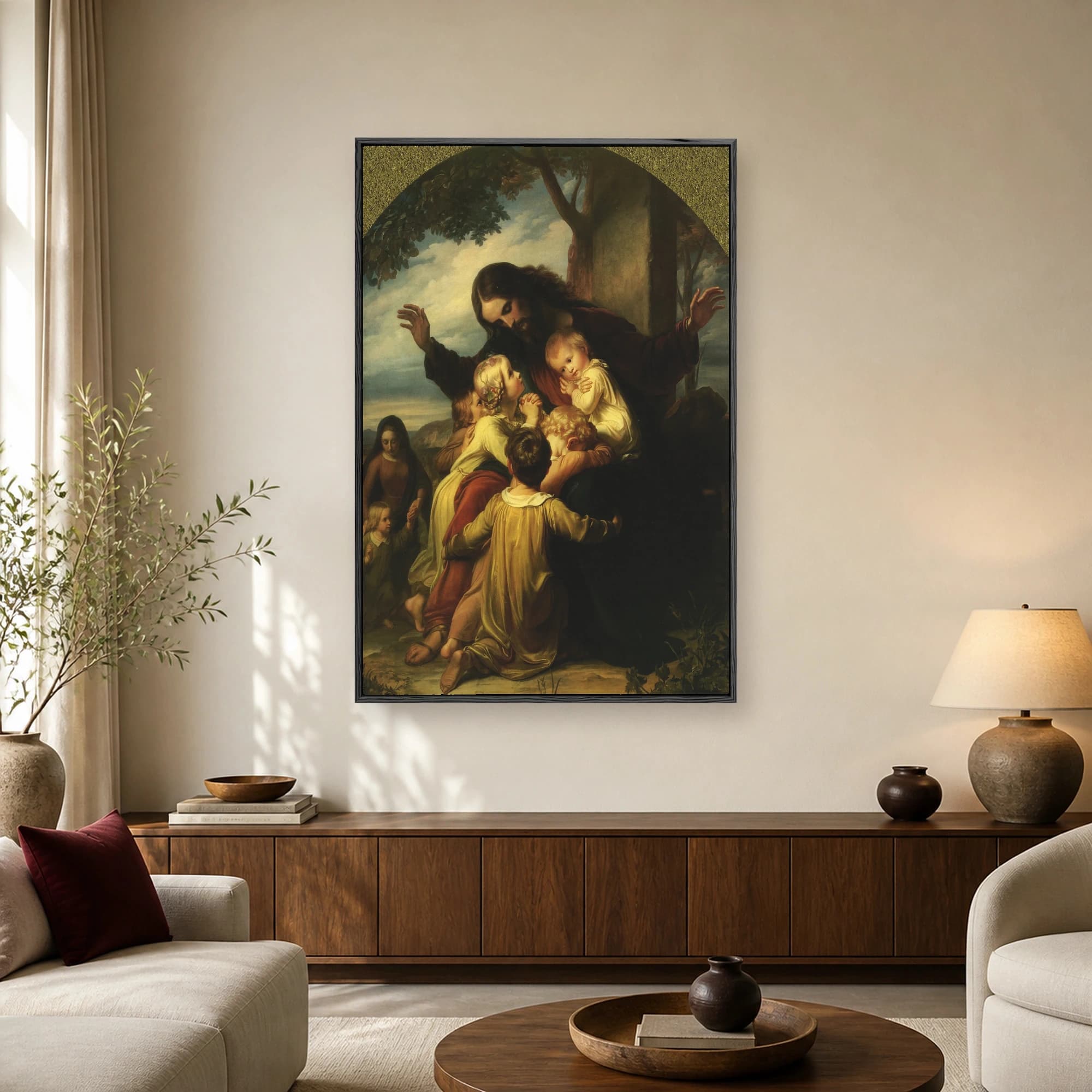 Classical oil painting of Jesus Christ embracing and blessing a group of young children in a natural outdoor setting.