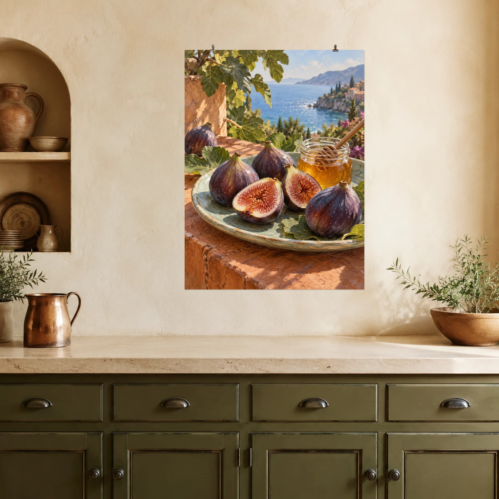 Fresh figs and golden honey sit on a ceramic plate overlooking a sunlit Mediterranean bay.