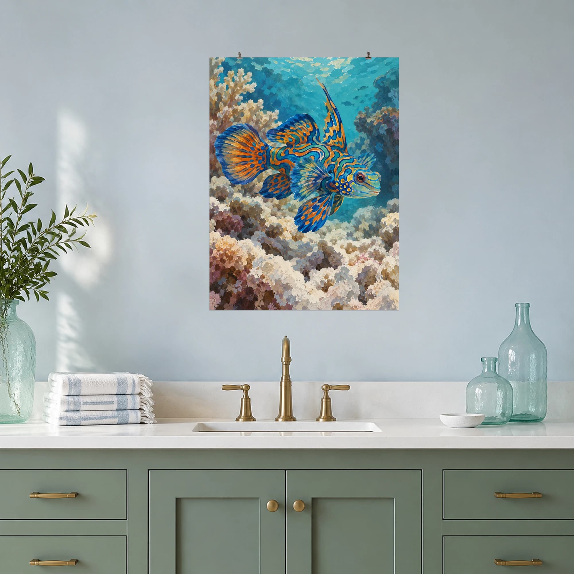 This gouache-style composition features an ornate mandarin dragonet gliding above pale coral rubble with flowing turquoise and orange markings. Expressive brushwork and a balanced palette bring warmth and character to your space.