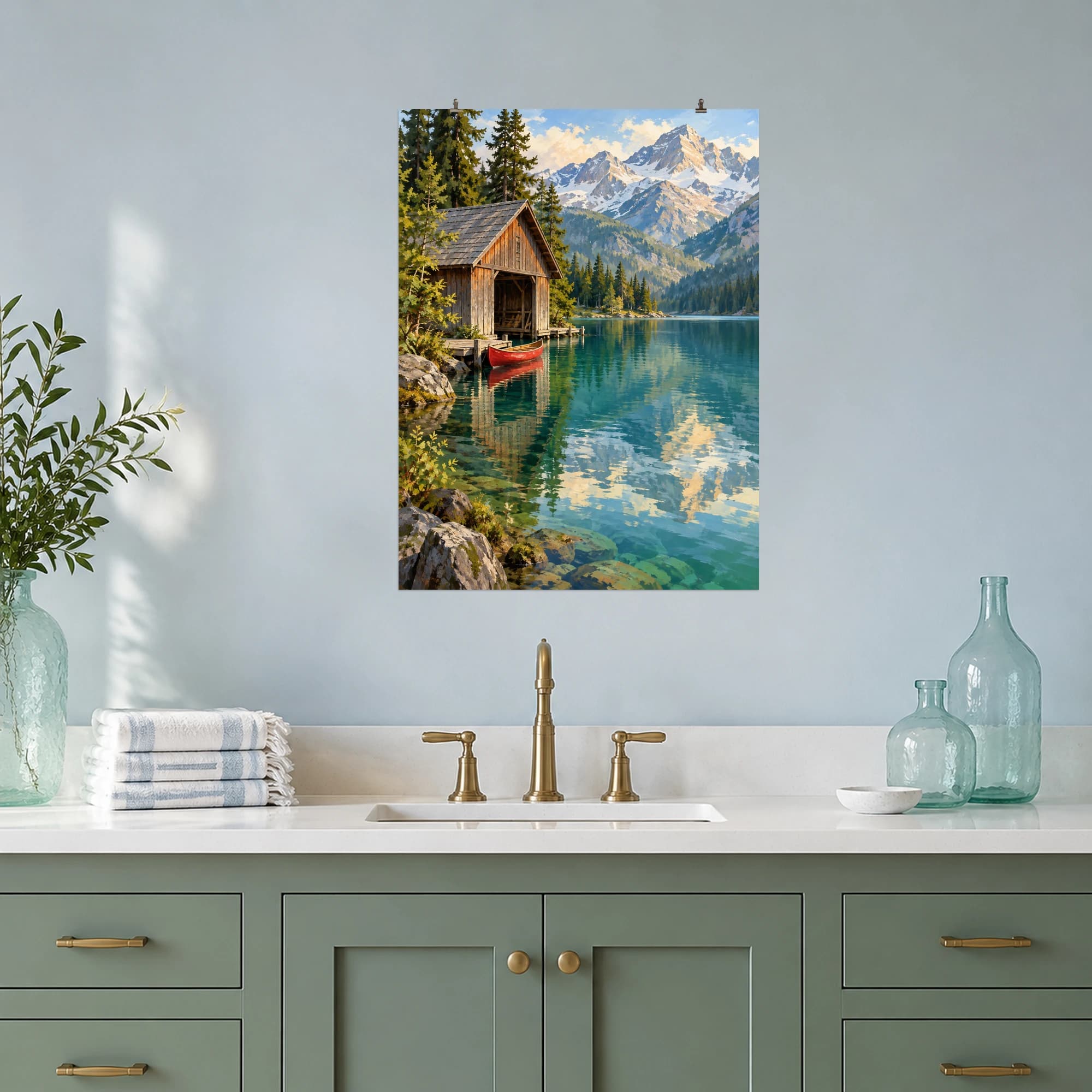 This gouache-style composition features a cedar boathouse beside an emerald mountain lake with a red canoe and soft morning reflections. Expressive brushwork and carefully balanced color bring a distinctive focal point to your wall.
