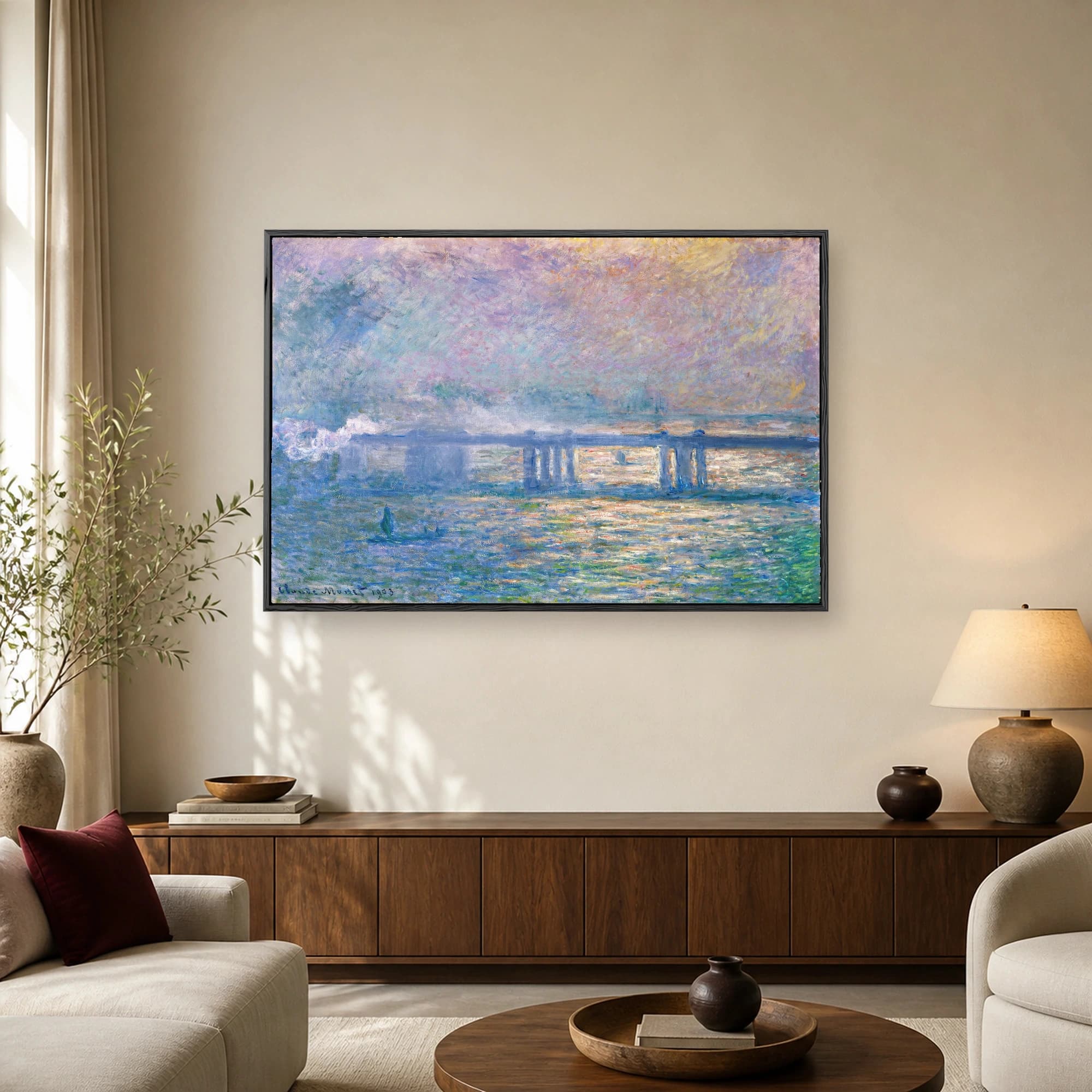Impressionist painting of Charing Cross Bridge in London by Claude Monet featuring lavender skies and shimmering blue water