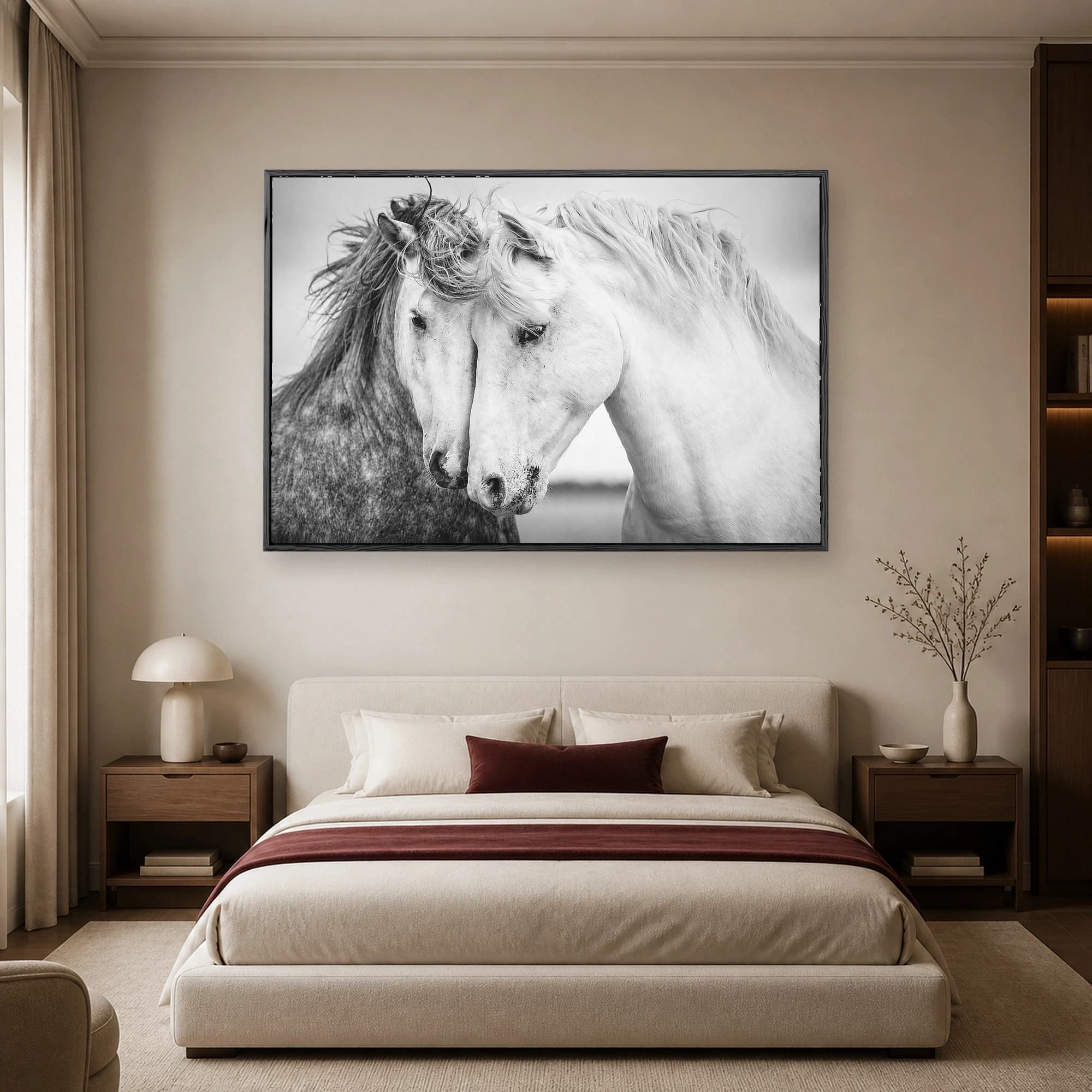 Fine art black and white photograph of two white horses pressing their heads together affectionately, showcasing detailed manes and gentle expressions.