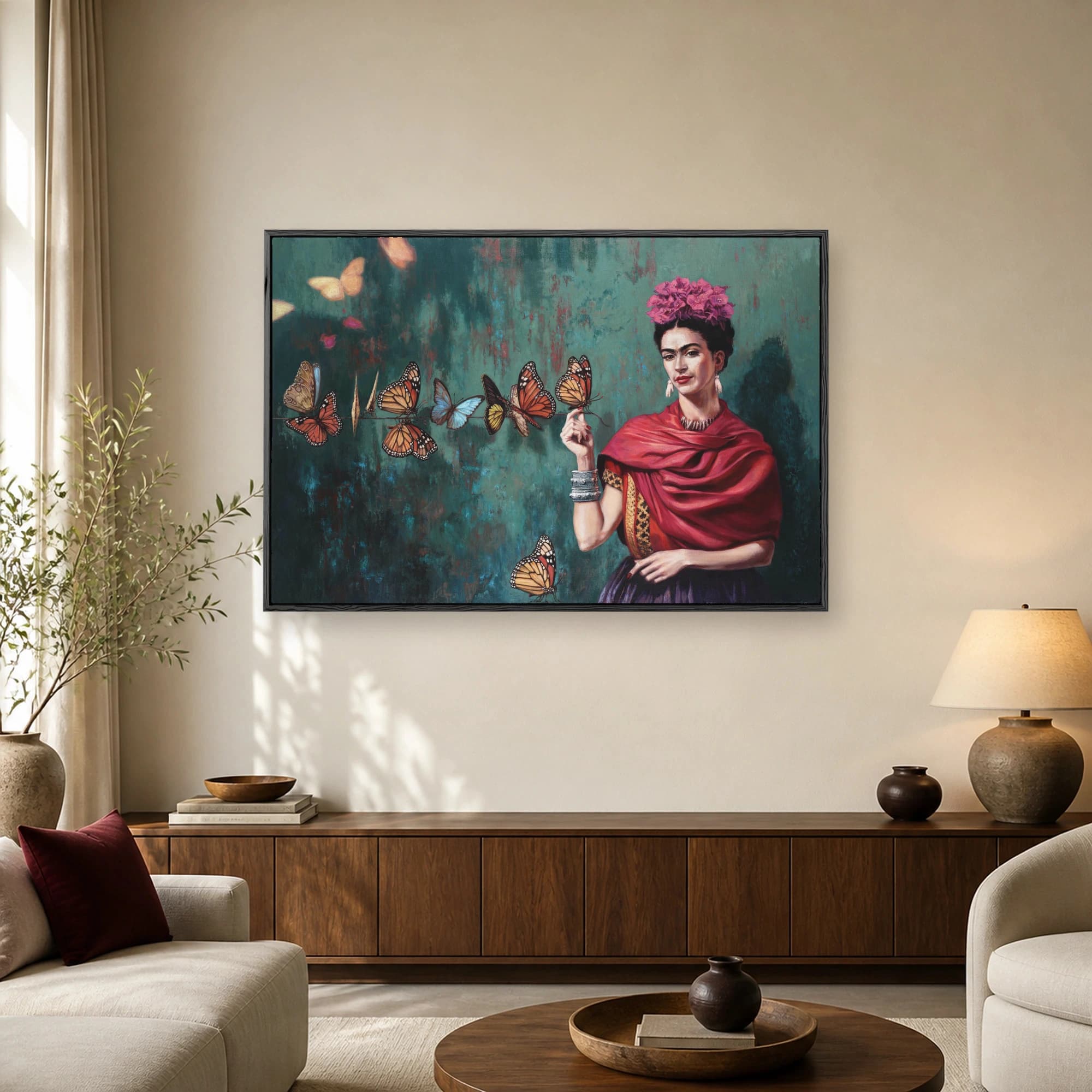 Portrait painting of Frida Kahlo wearing a pink flower crown and red shawl, interacting with monarch butterflies on a string against a teal background.