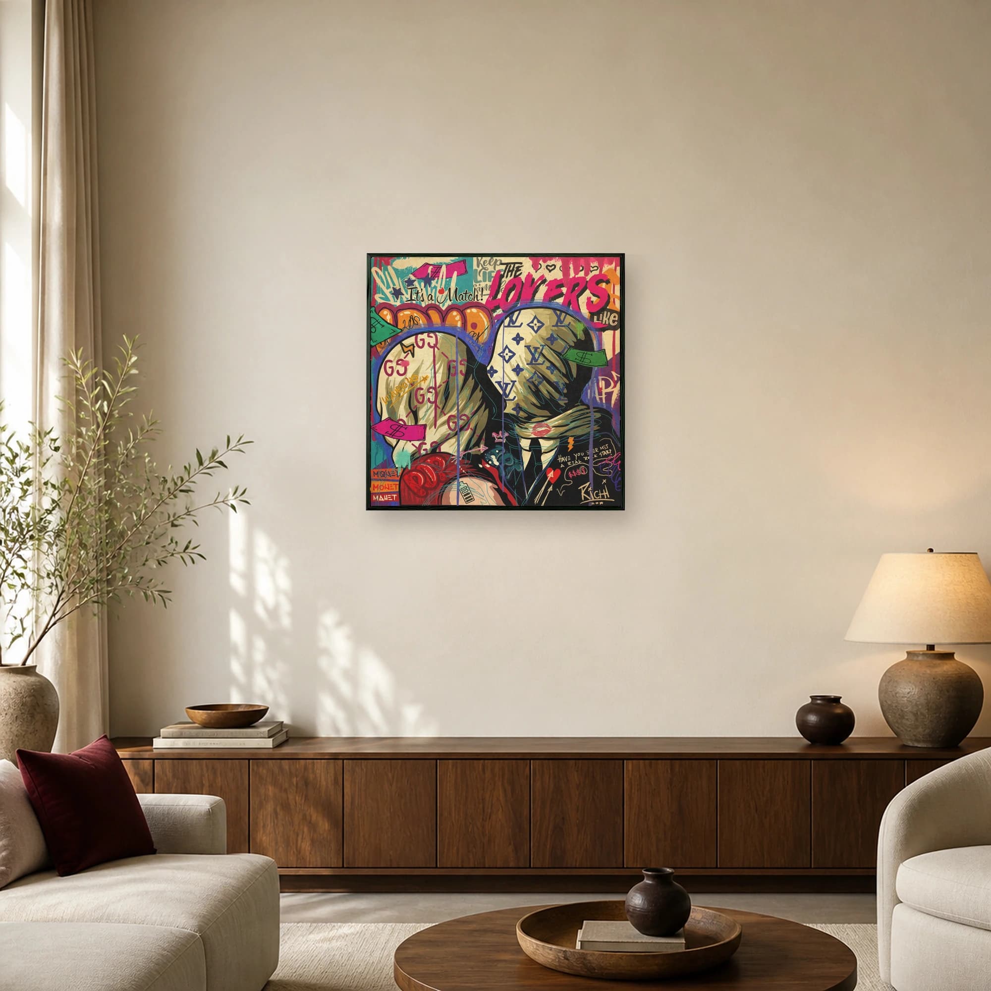 Urban pop art canvas featuring two faceless figures with luxury monograms, hot pink graffiti, and bold It is a Match typography.
