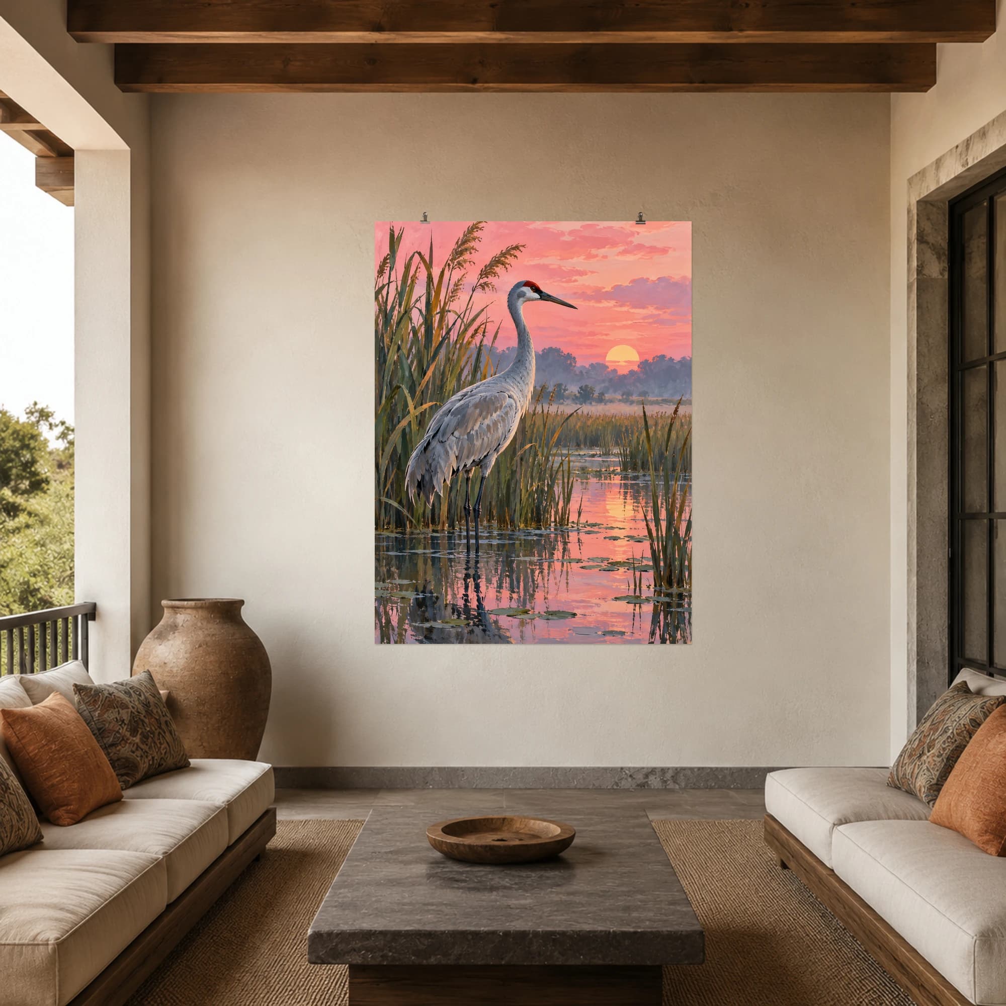 This gouache-style composition features an elegant grey crane among tall reeds at dawn with pink sky reflected in quiet wetland water. Expressive brushwork and carefully balanced color bring a distinctive focal point to your wall.
