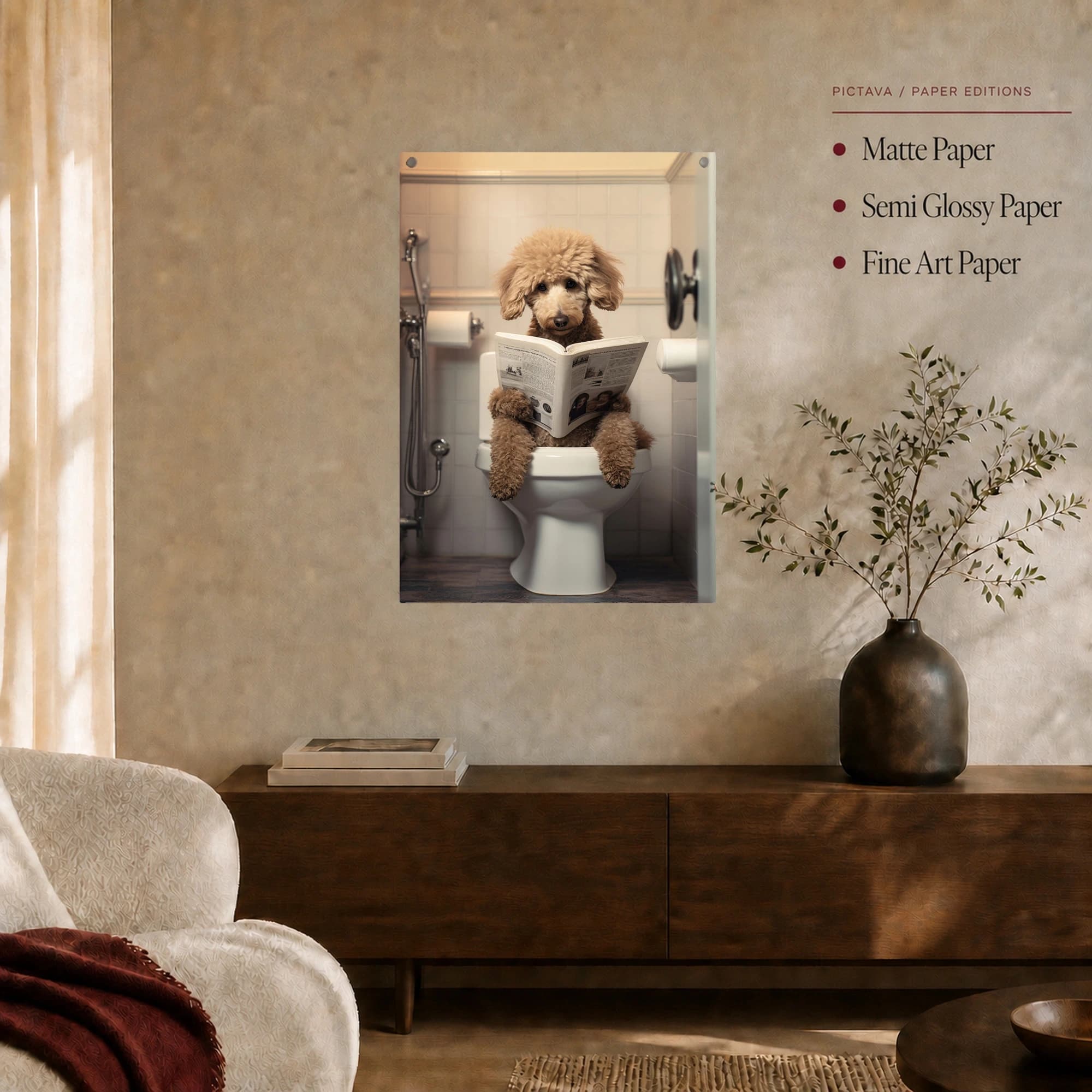 Poodle Reading Newspaper on Toilet Funny Bathroom Wall Art, view 6