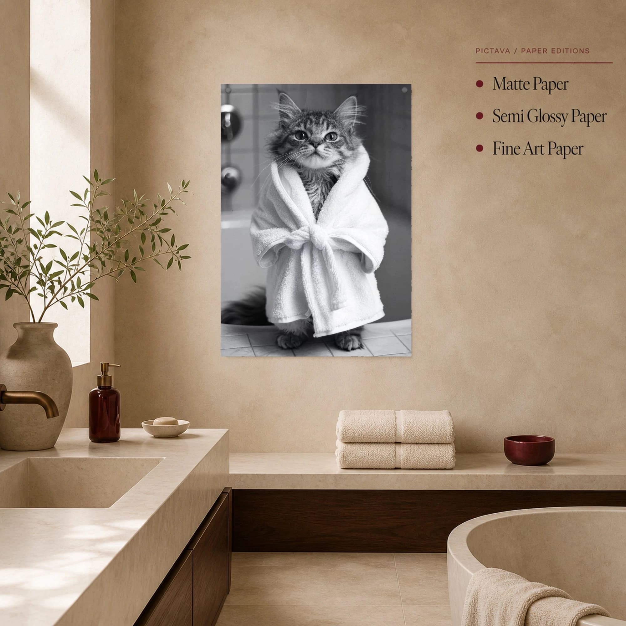 Spa Cat in White Bathrobe Black and White Wall Art, view 3