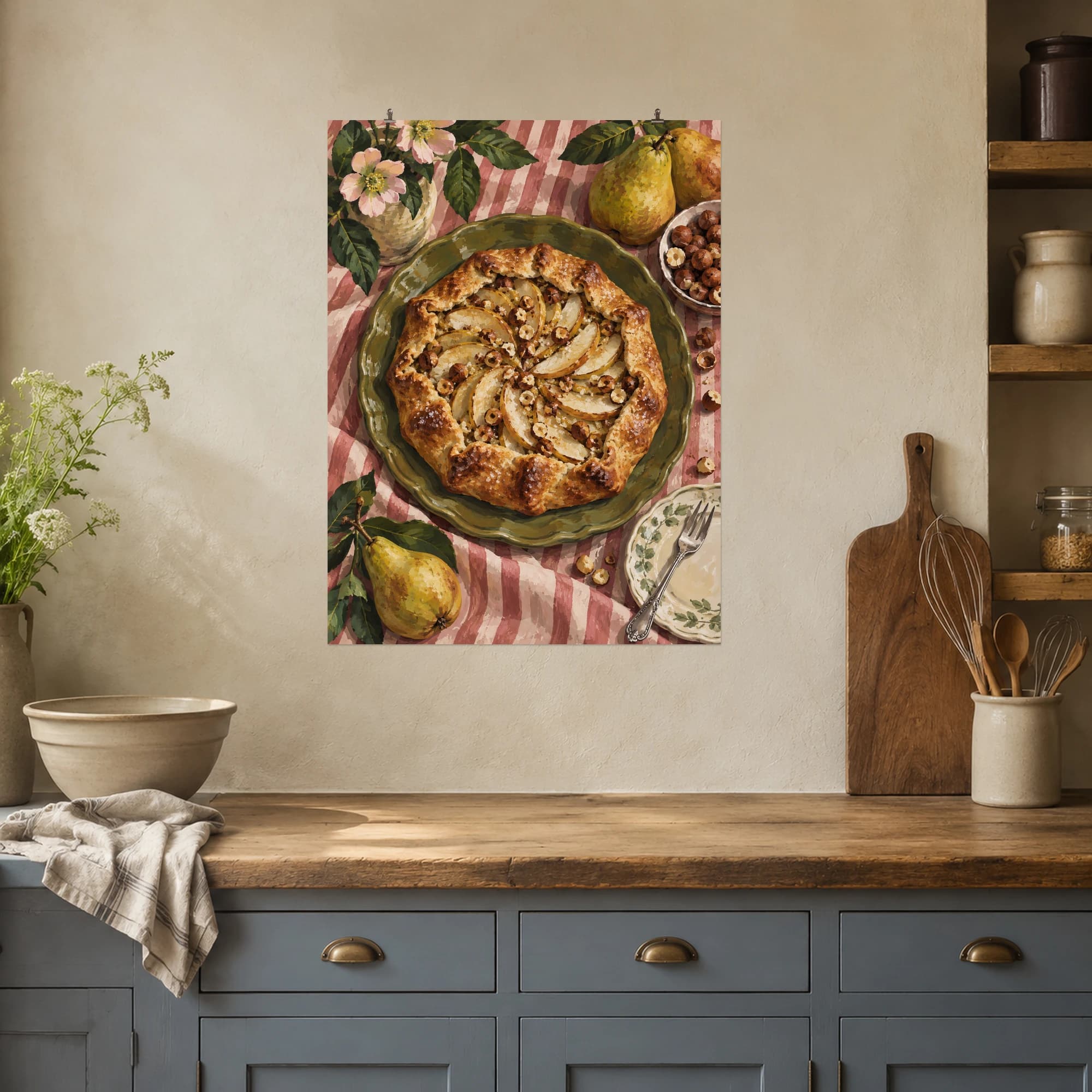 This gouache-style composition features rustic pear and toasted hazelnut galette on an olive ceramic platter, striped rose tablecloth and small silver pastry fork. Expressive brushwork and a balanced palette bring warmth and character to your space.