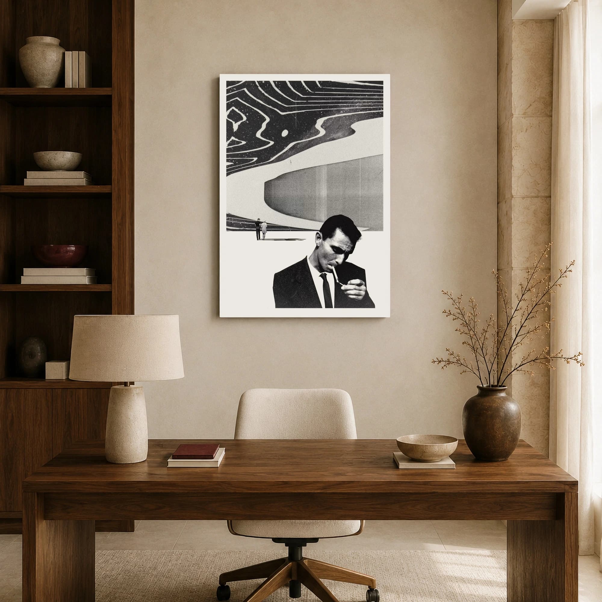 Surreal Noir Print with Cosmic Sky and Smoking Man, view 8