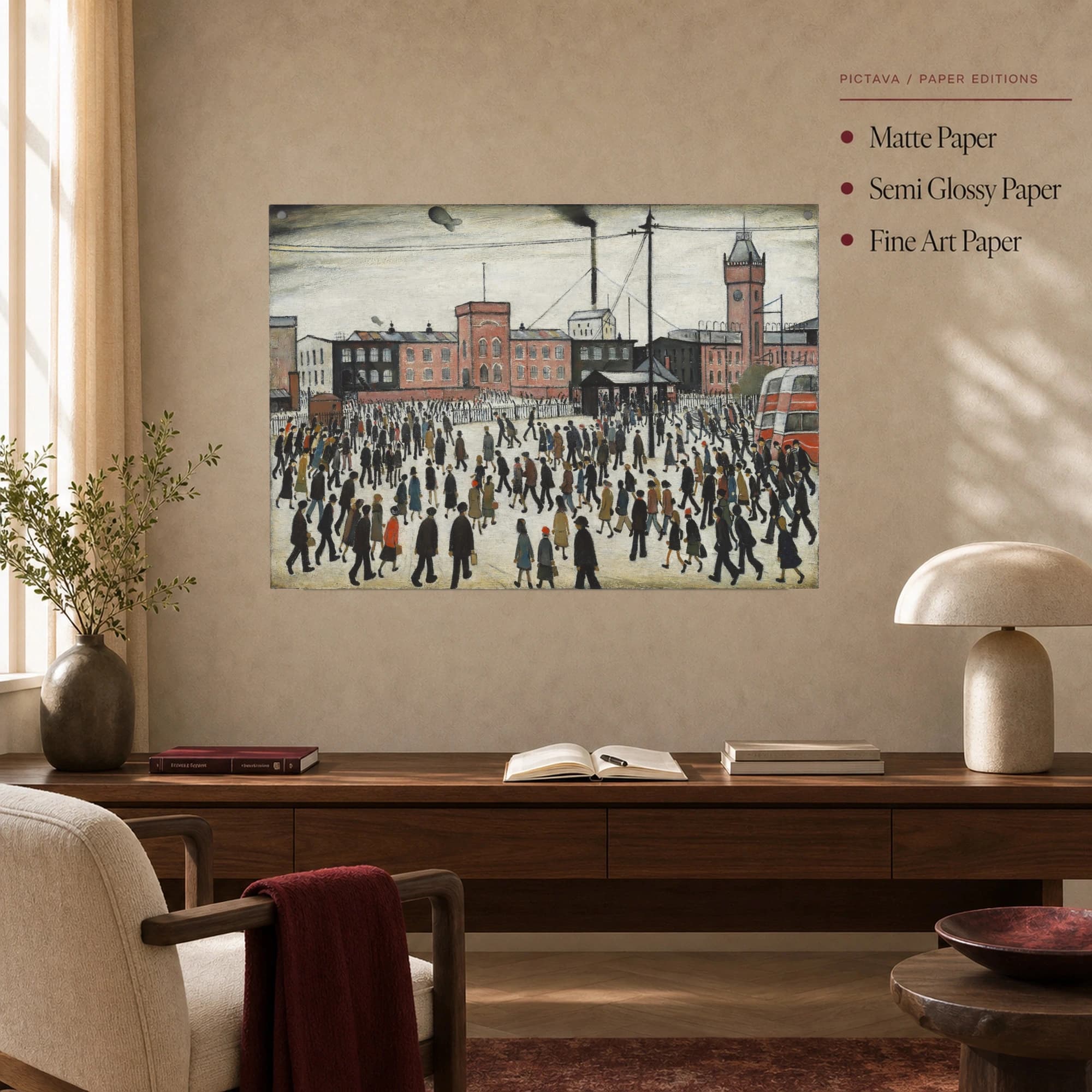 Industrial Town Square Fine Art Print with Crowds and Red Bus, view 5