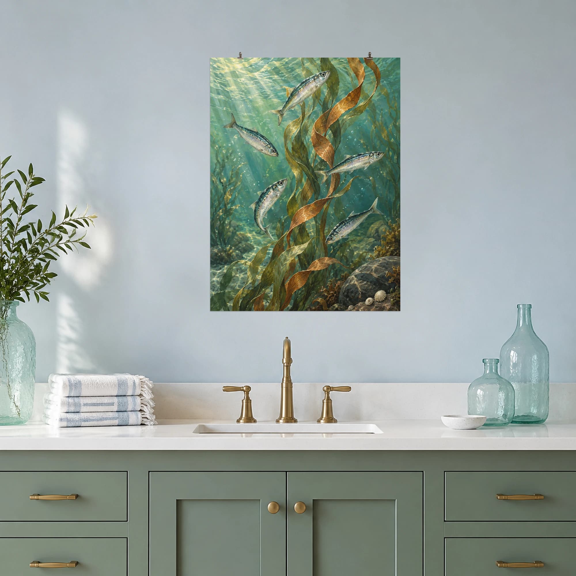 Five silver sardines weave through copper and sage seaweed in luminous jade water. Soft underwater light and flowing forms bring a fresh coastal mood to your space.