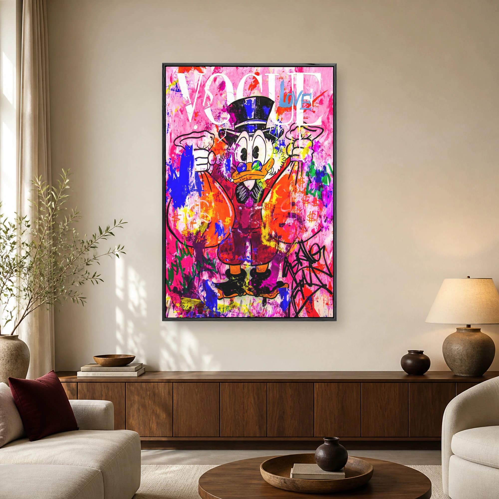 Colorful pop art painting of a cartoon duck in a top hat holding money bags against a pink background with Vogue typography and graffiti splashes.