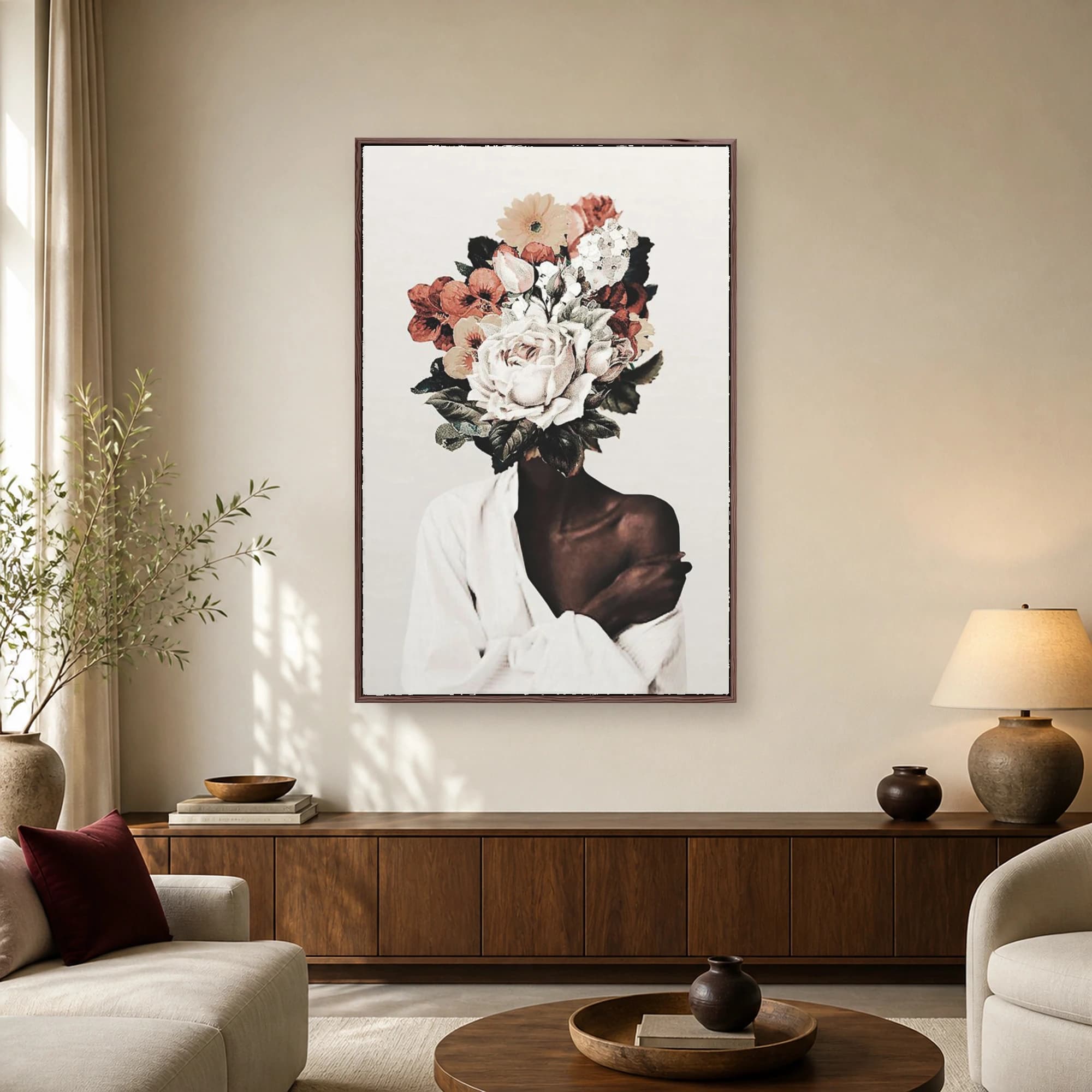 Surrealist collage art of a dark-skinned woman with a large bouquet of vintage white and red roses replacing her head against a neutral background.
