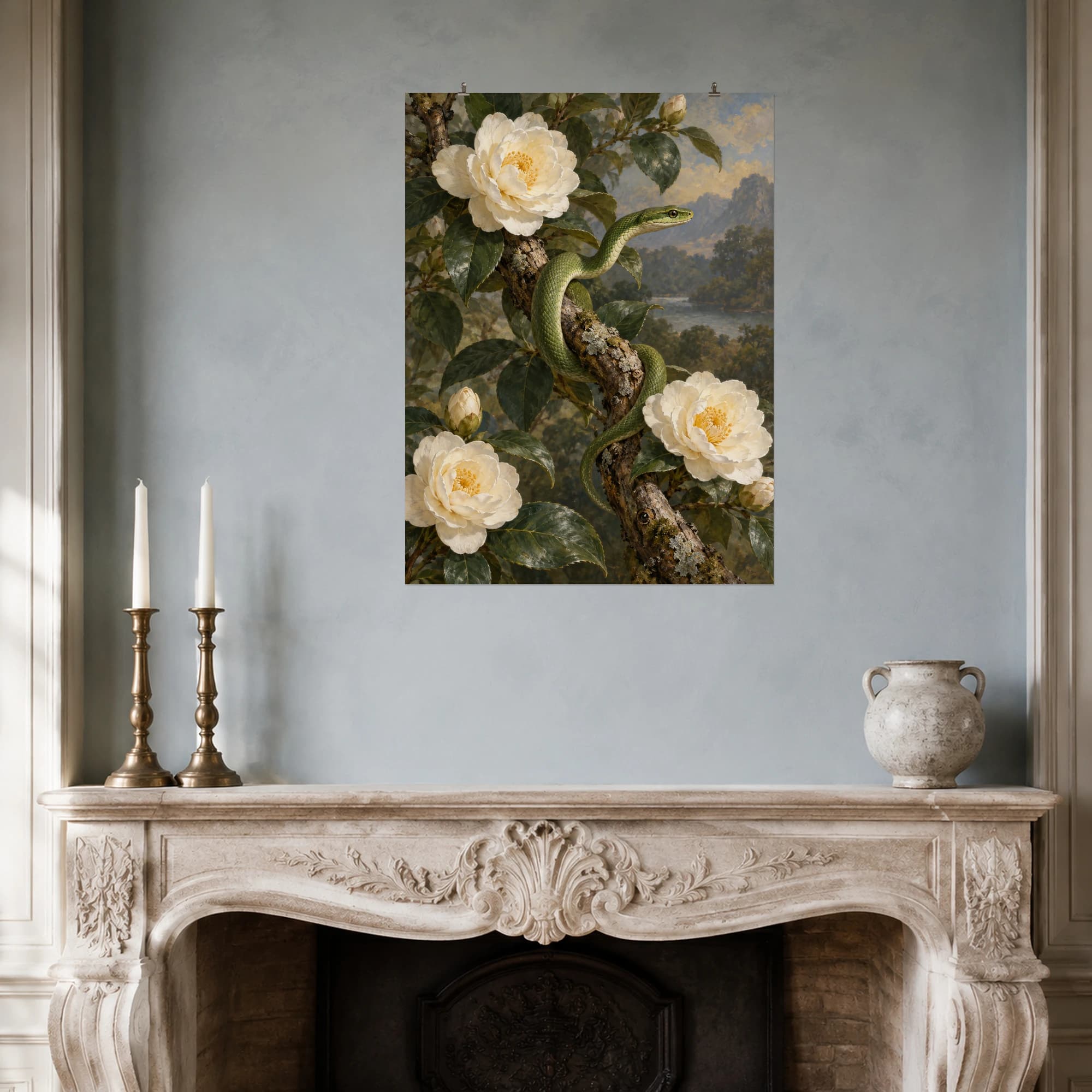 A green snake rests among creamy camellia blossoms and glossy leaves. The winding branch and rich foliage form a detailed botanical wildlife scene.