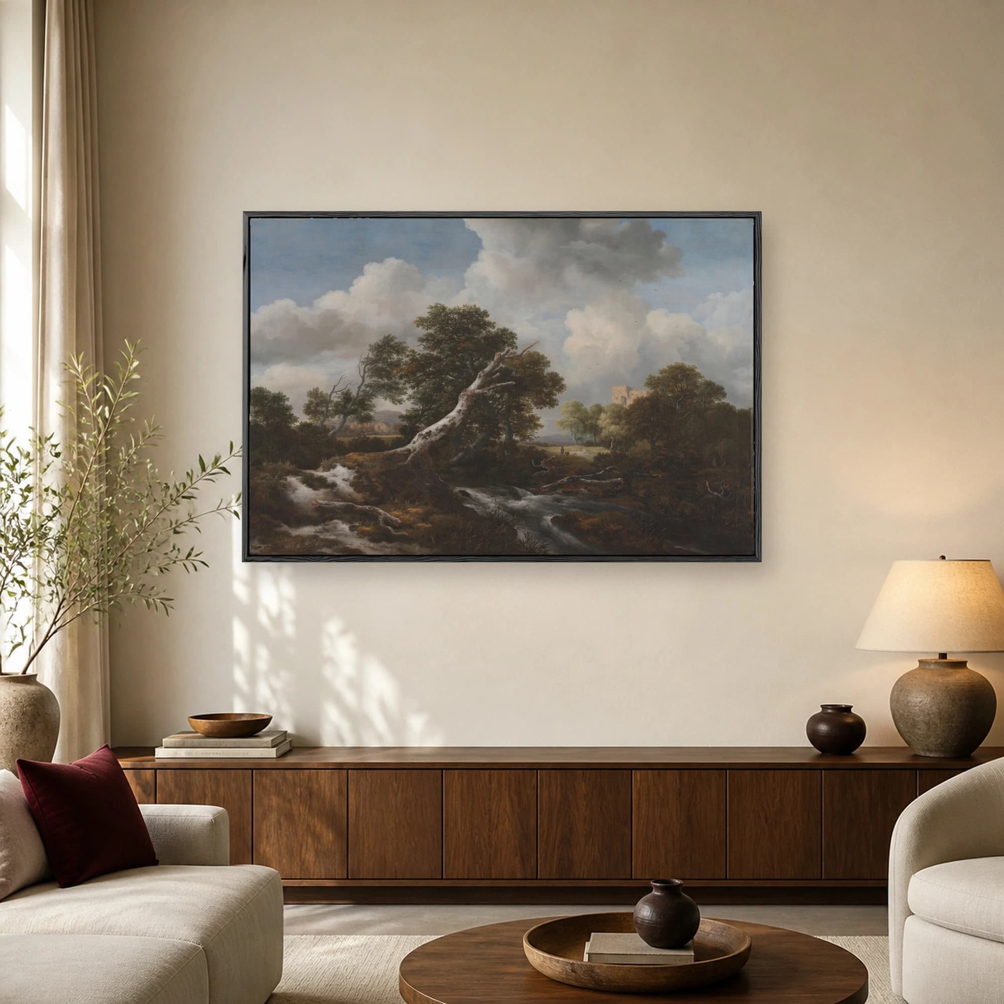 Classic oil painting of a Dutch landscape featuring a fallen tree, stream, distant ruins, and dramatic clouds under a vast blue sky.