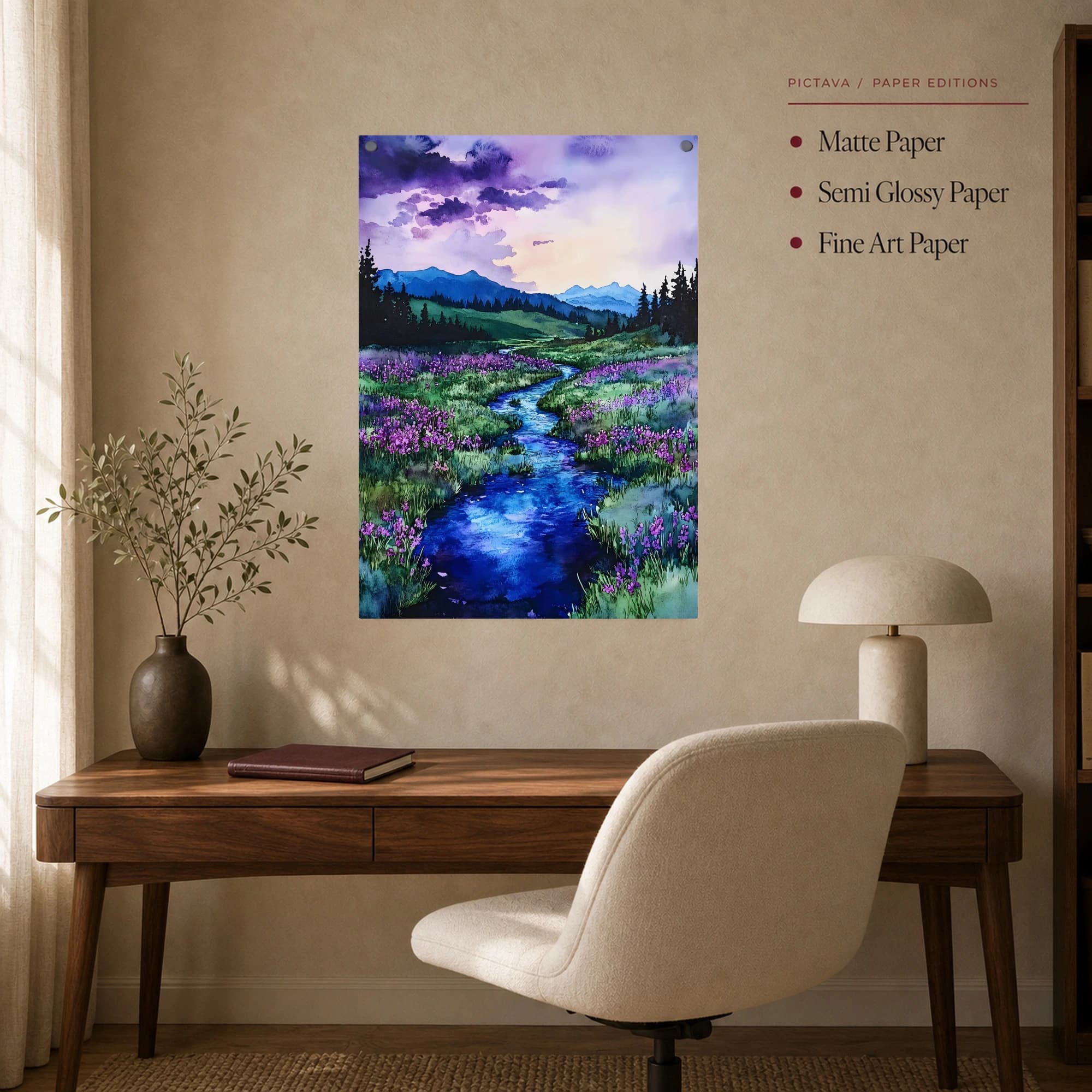 Purple Valley River Watercolor Landscape Wall Art, view 7