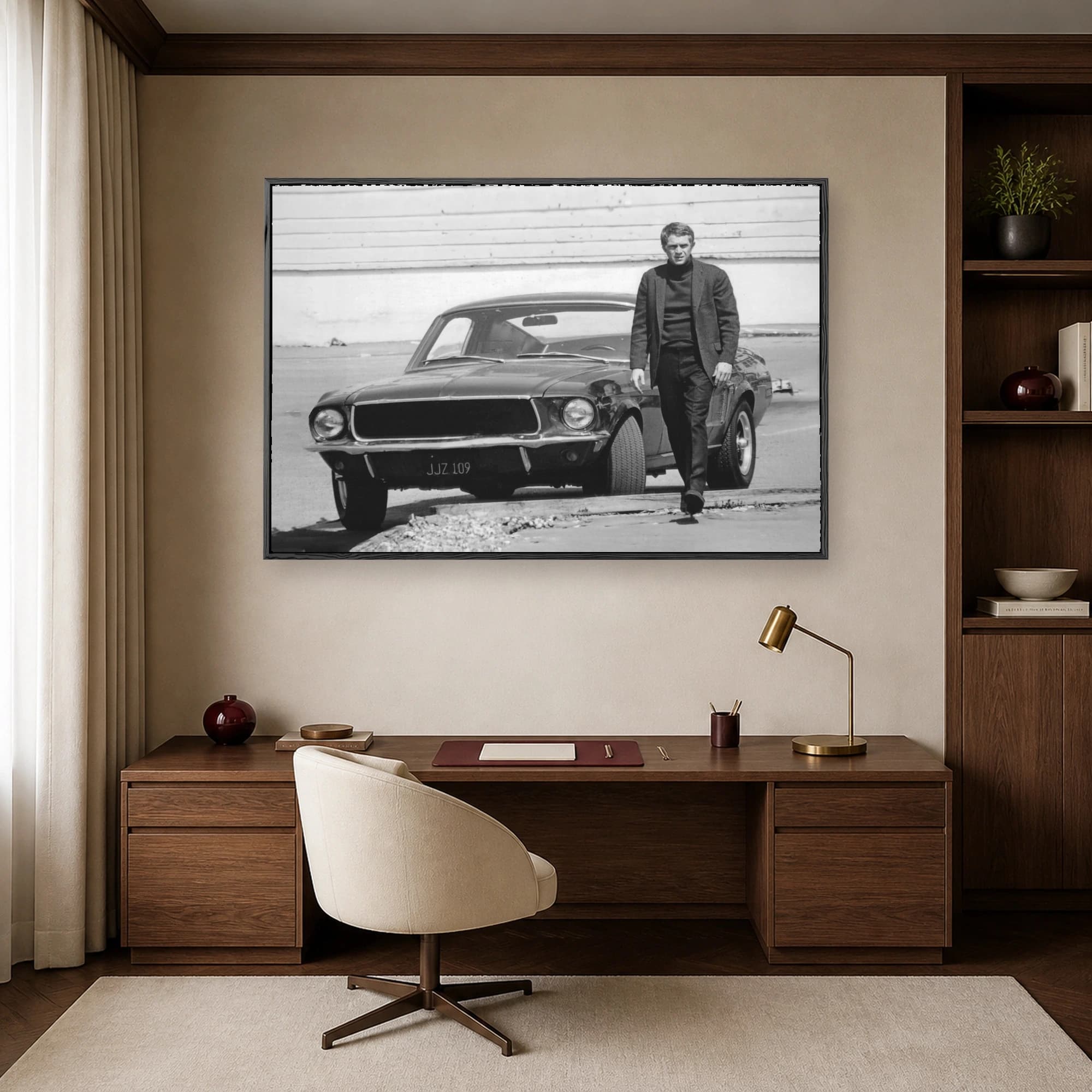 Black and white photo of Steve McQueen walking next to a 1968 Ford Mustang fastback with JJZ 109 license plate