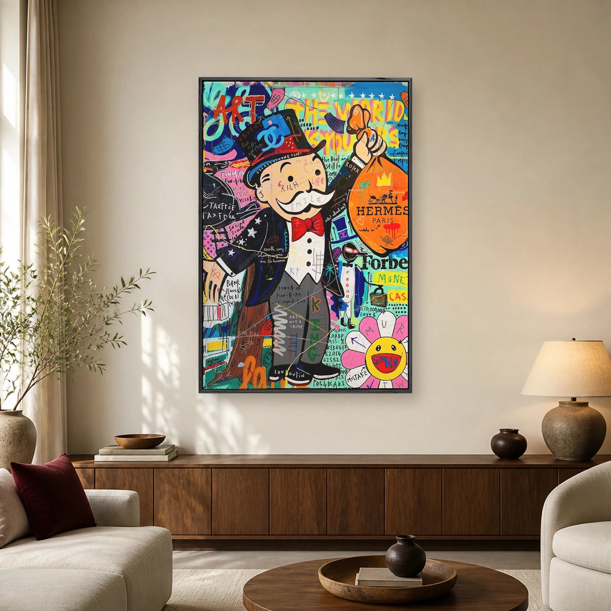 A vibrant pop art painting of the Monopoly Man holding an orange Hermes luxury bag amidst colorful graffiti typography and brand logos.