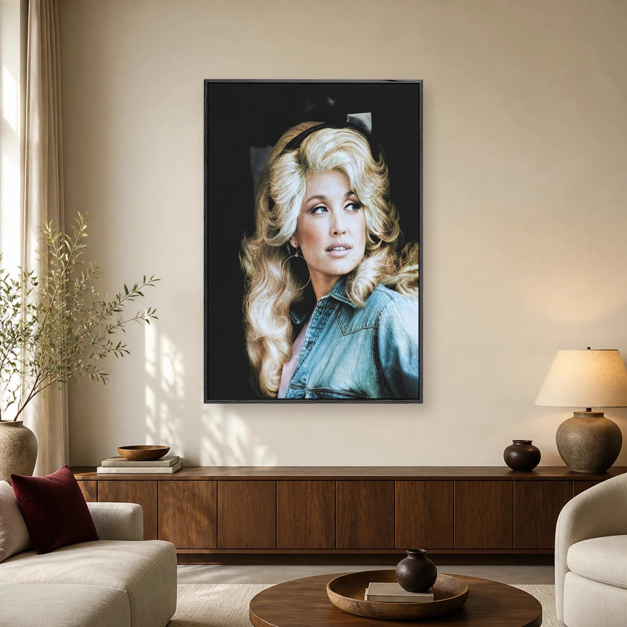 A striking portrait of Dolly Parton featuring her signature voluminous blonde hair, hoop earrings, and a denim shirt against a dark background.
