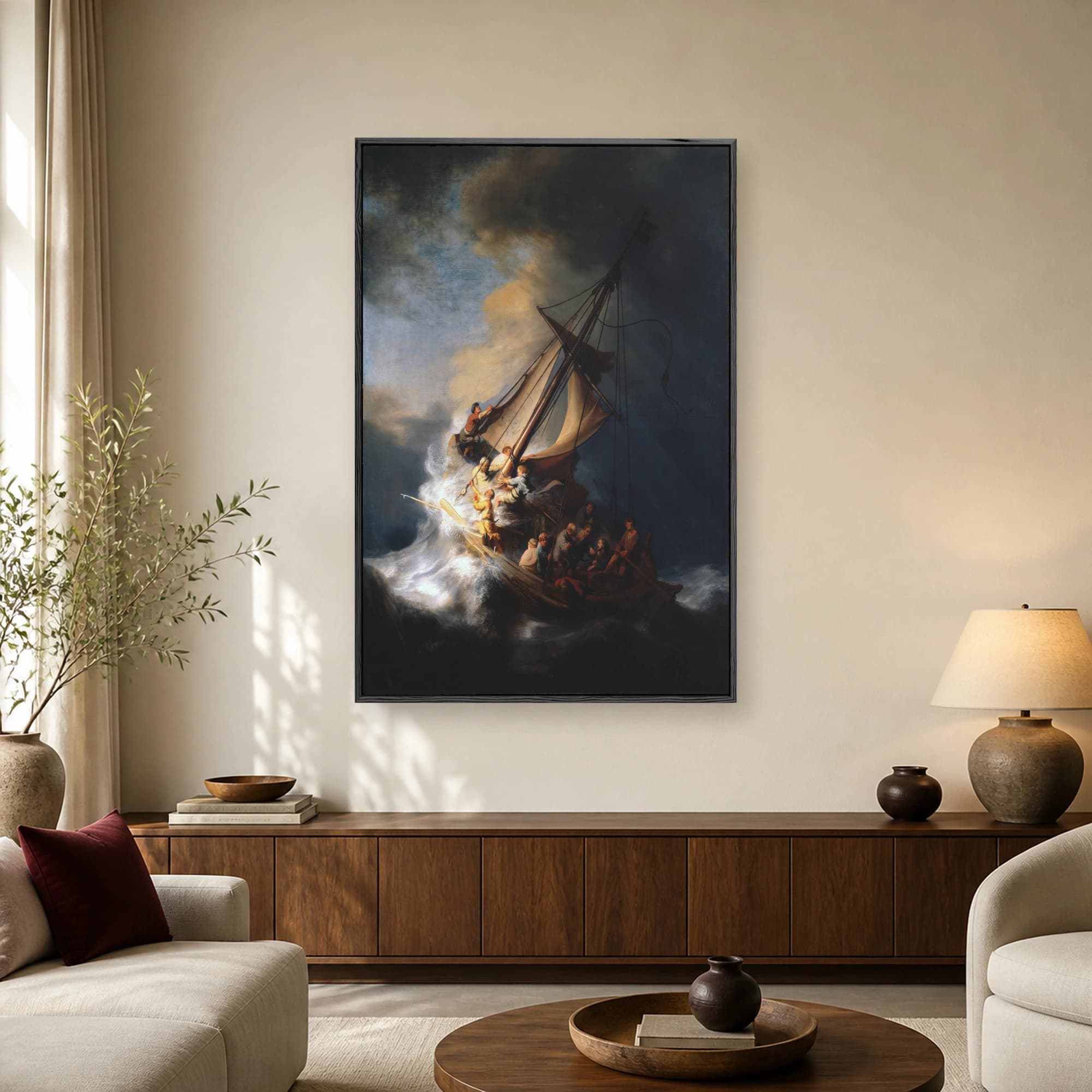 Rembrandt painting of a sailing ship struggling against towering waves and a dark stormy sky during the storm on the Sea of Galilee