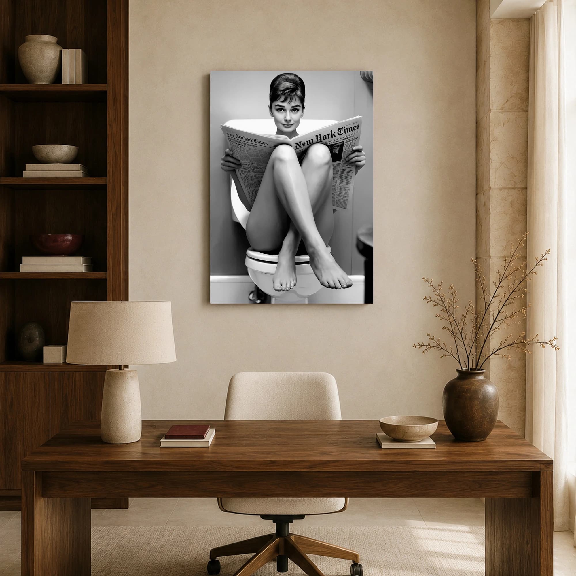 Audrey Hepburn Reading New York Times on Toilet Bathroom Wall Art, view 8